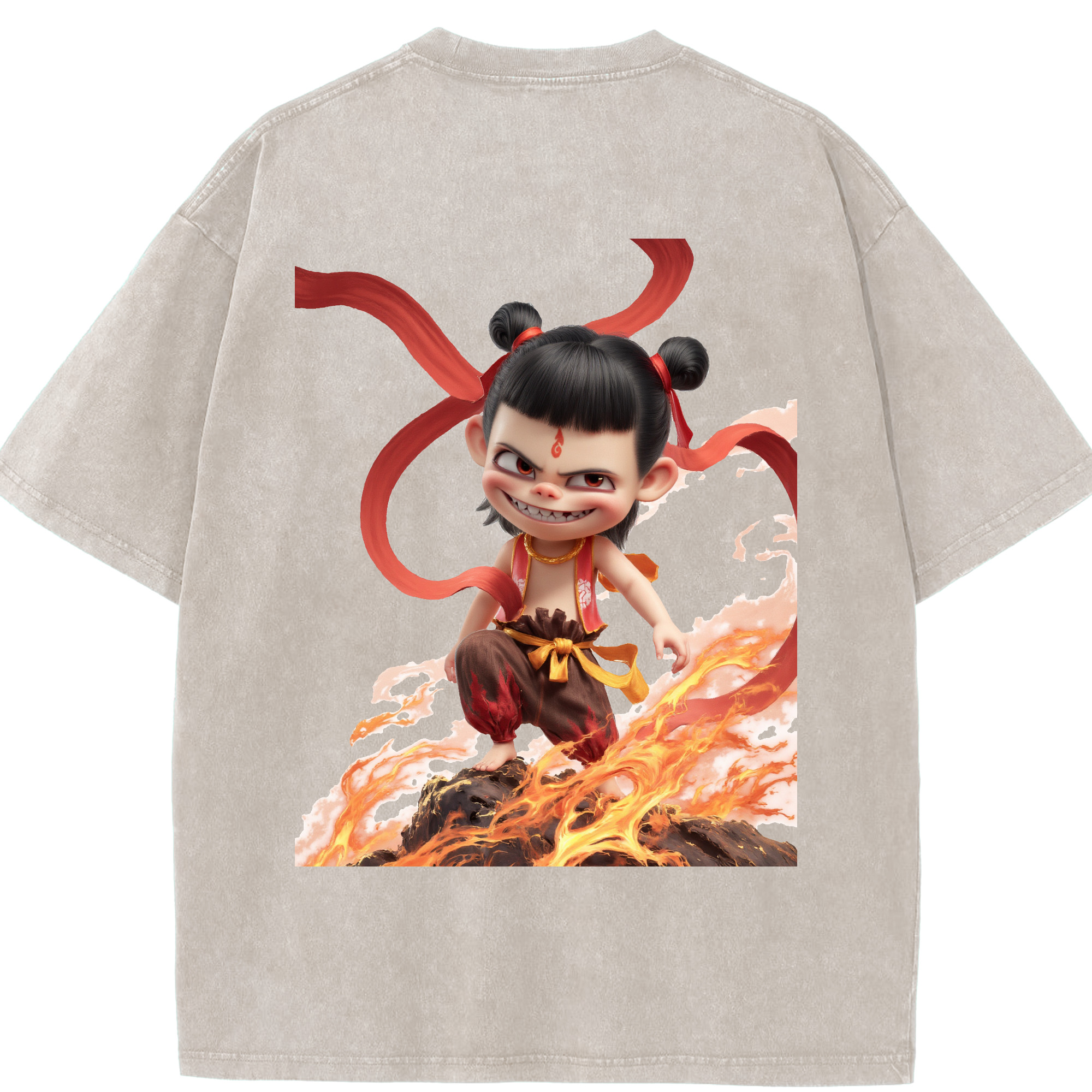（画像用） Ne Zha 2 ナタ 魔童の大暴れ 綿100% ヴィンテージ風 半袖Tシャツ（背面プリント）