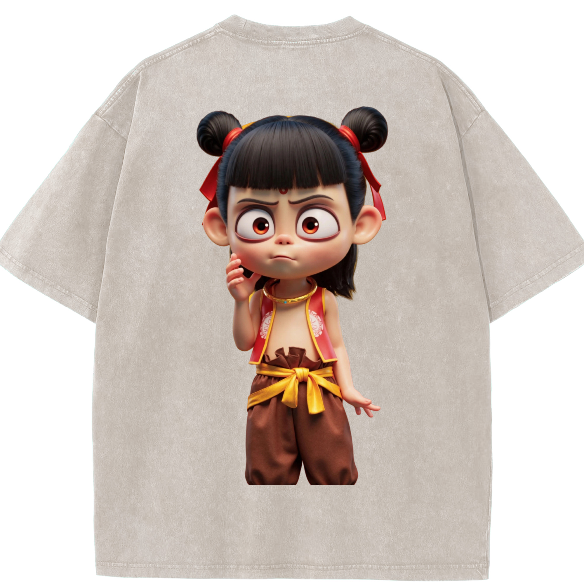 （画像用） Ne Zha 2 ナタ 魔童の大暴れ 綿100% ヴィンテージ風 半袖Tシャツ（背面プリント）