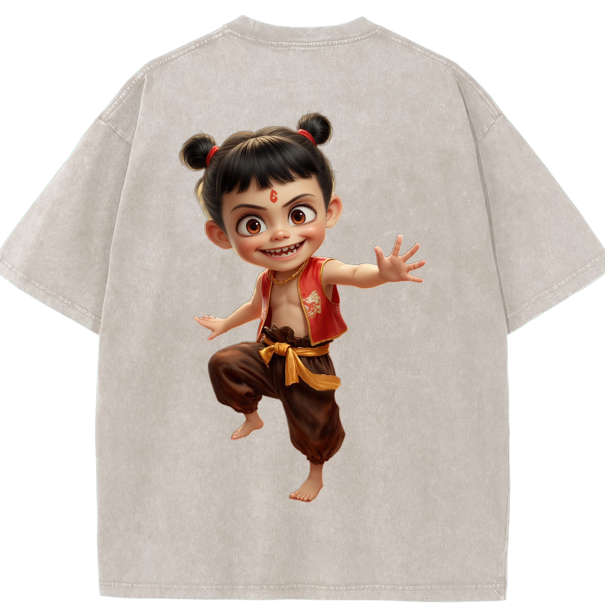 （画像用） Ne Zha 2 ナタ 魔童の大暴れ 綿100% ヴィンテージ風 半袖Tシャツ（背面プリント）
