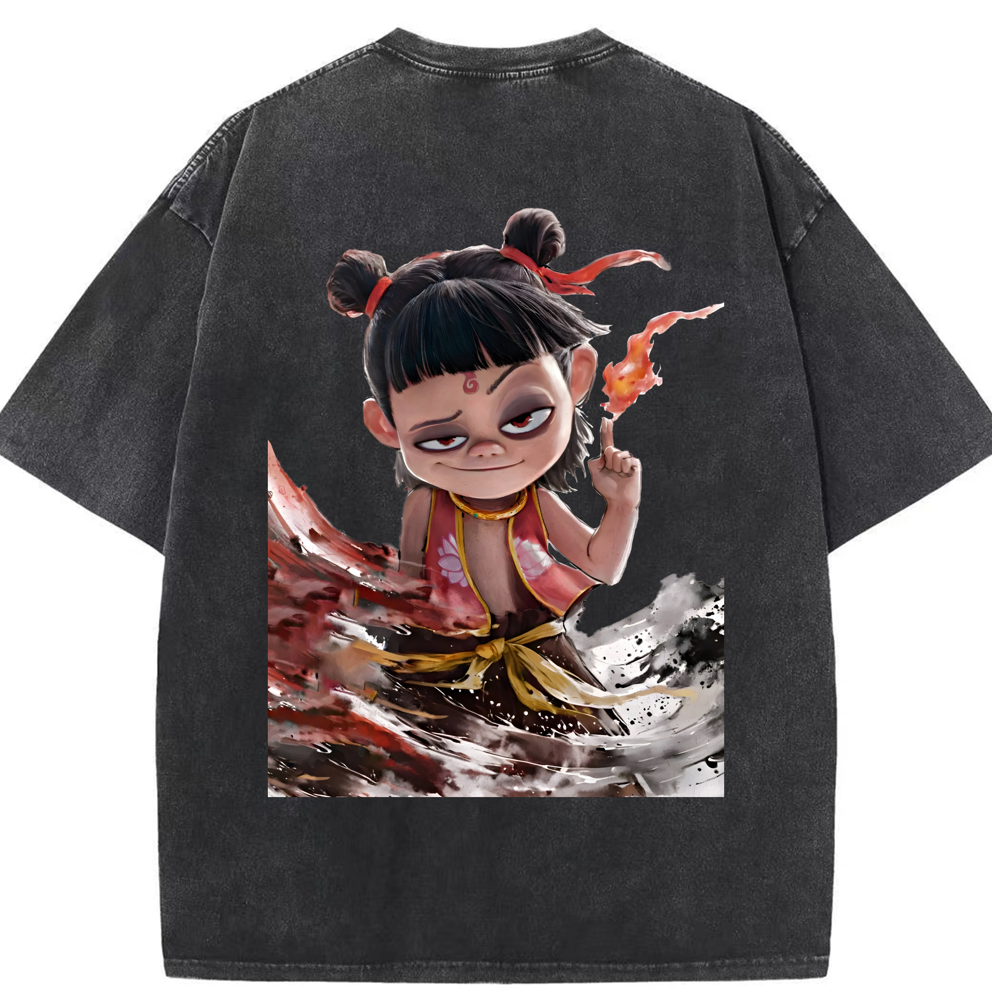 （画像用） Ne Zha 2 ナタ 魔童の大暴れ 綿100% ヴィンテージ風 半袖Tシャツ（背面プリント）