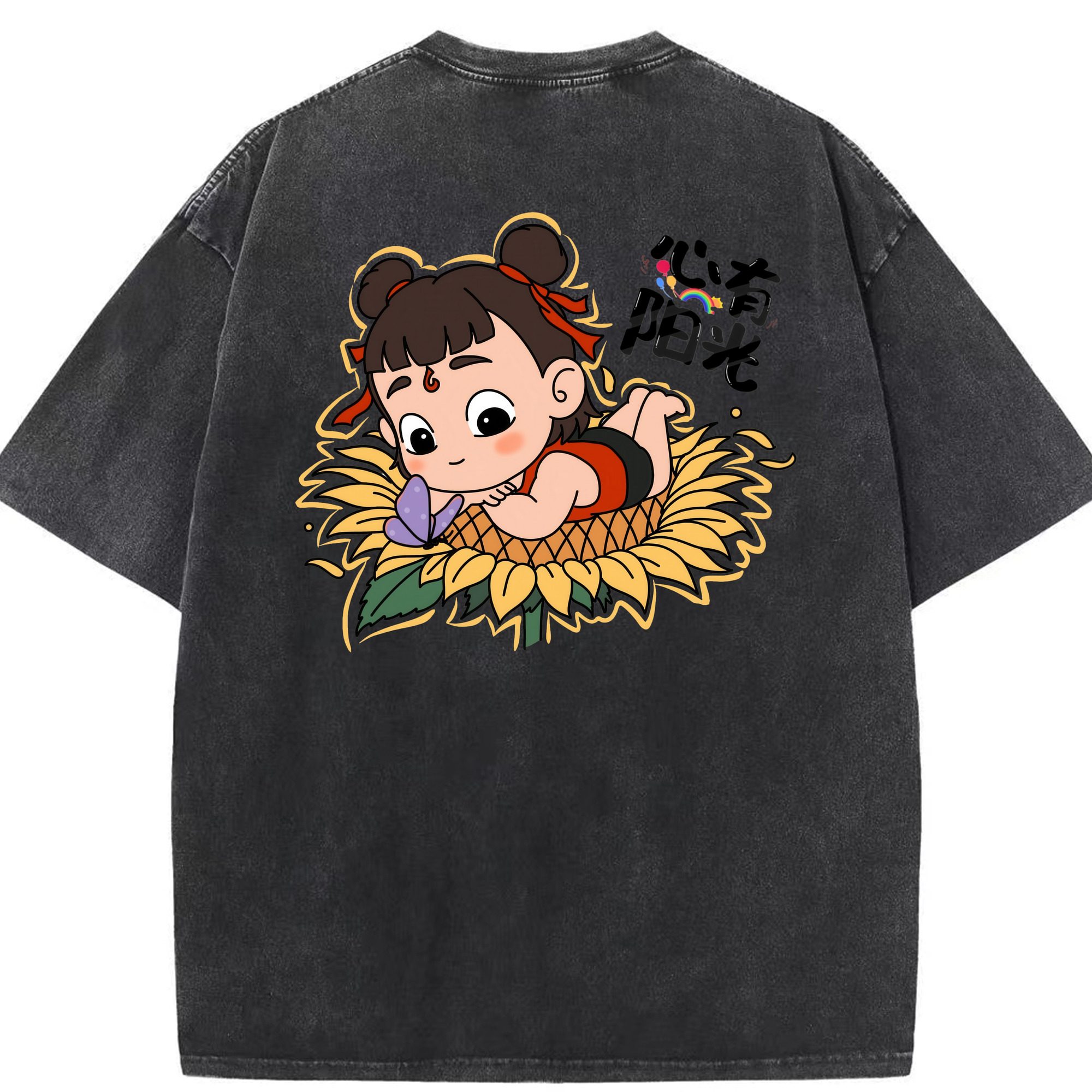 （画像用） Ne Zha 2 ナタ 魔童の大暴れ 綿100% ヴィンテージ風 半袖Tシャツ（背面プリント）