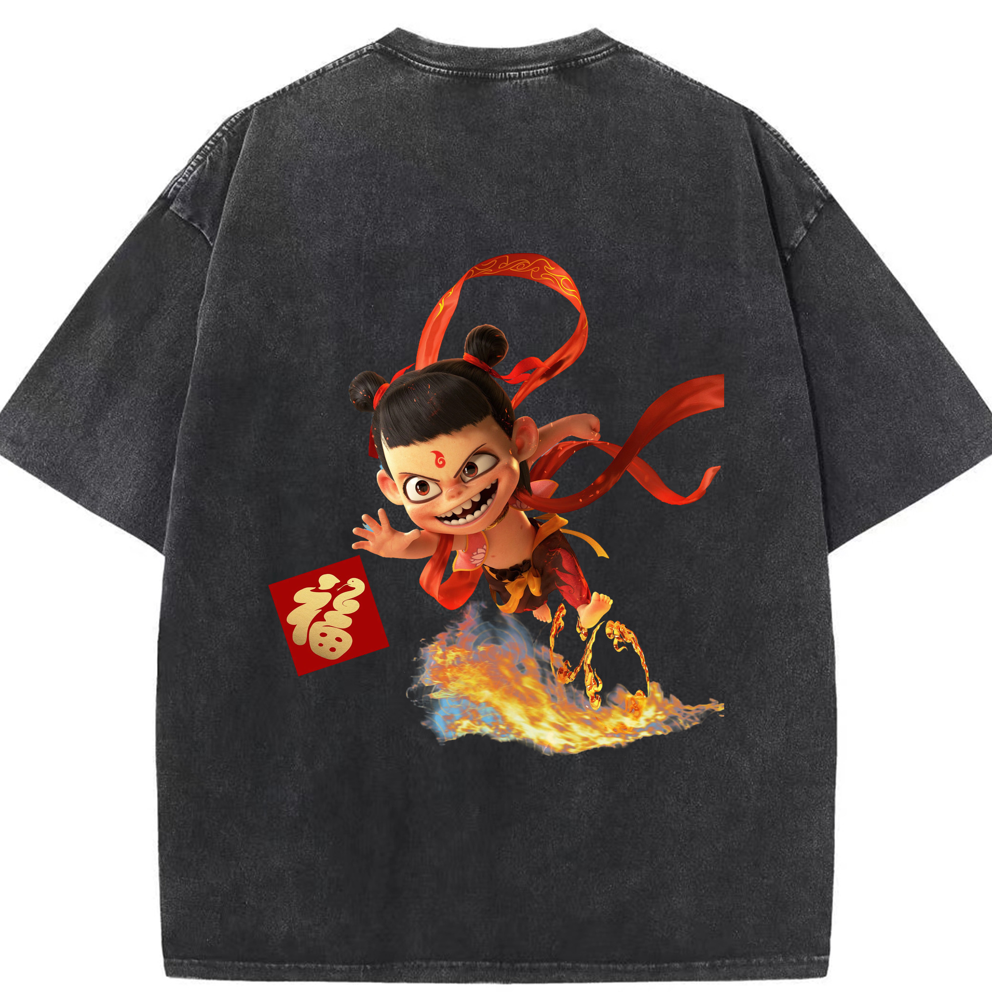 （画像用） Ne Zha 2 ナタ 魔童の大暴れ 綿100% ヴィンテージ風 半袖Tシャツ（背面プリント）