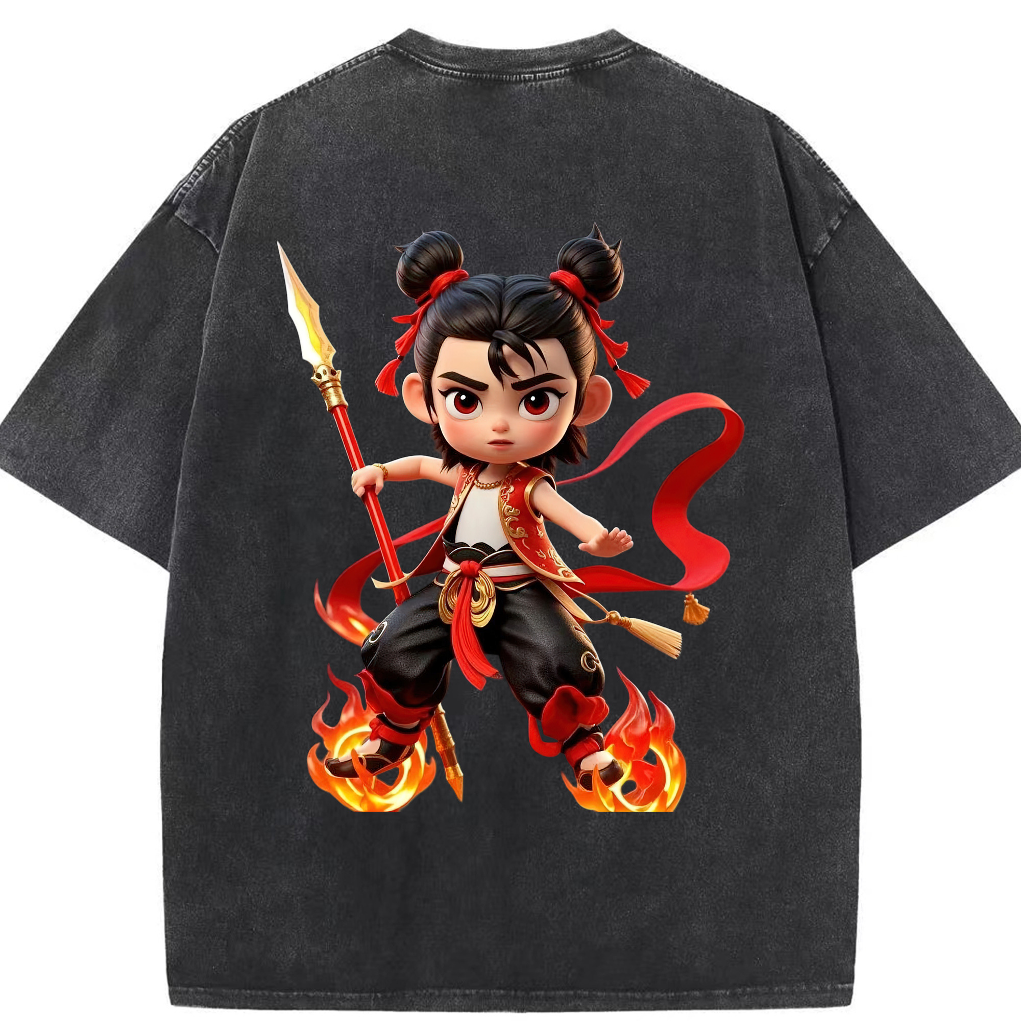 （画像用） Ne Zha 2 ナタ 魔童の大暴れ 綿100% ヴィンテージ風 半袖Tシャツ（背面プリント）