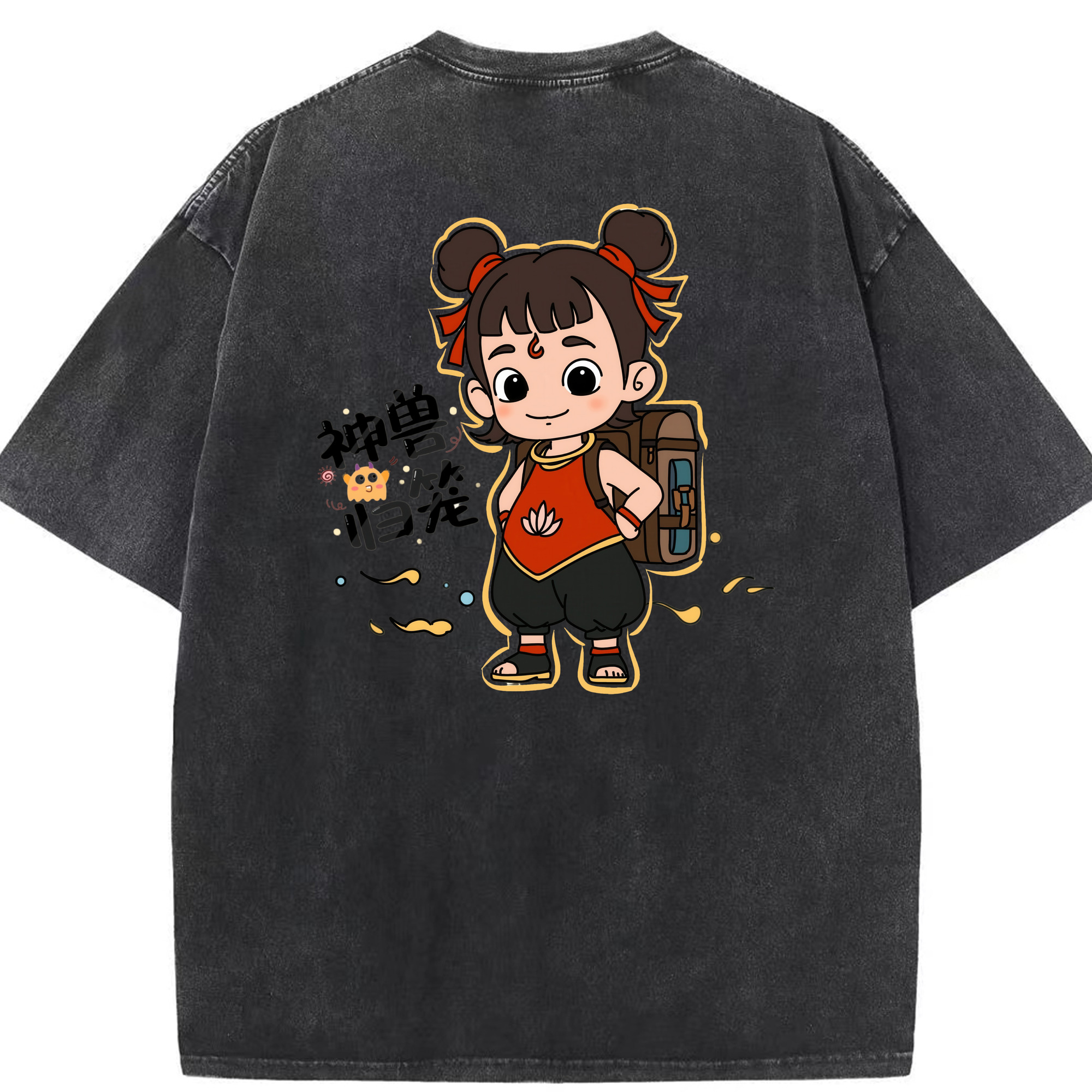 （画像用） Ne Zha 2 ナタ 魔童の大暴れ 綿100% ヴィンテージ風 半袖Tシャツ（背面プリント）