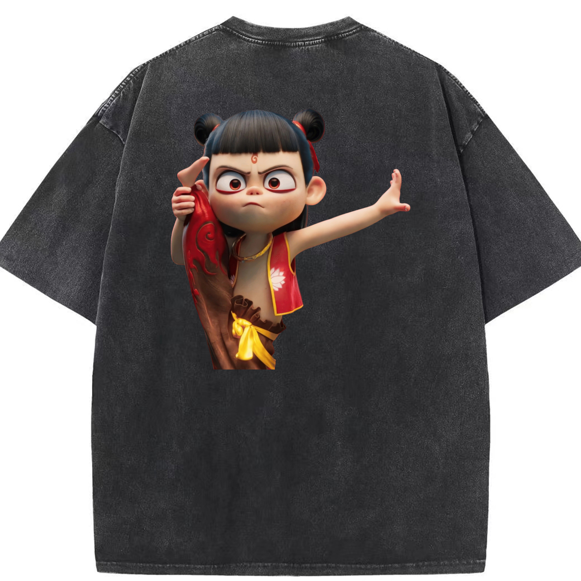 （画像用） Ne Zha 2 ナタ 魔童の大暴れ 綿100% ヴィンテージ風 半袖Tシャツ（背面プリント）