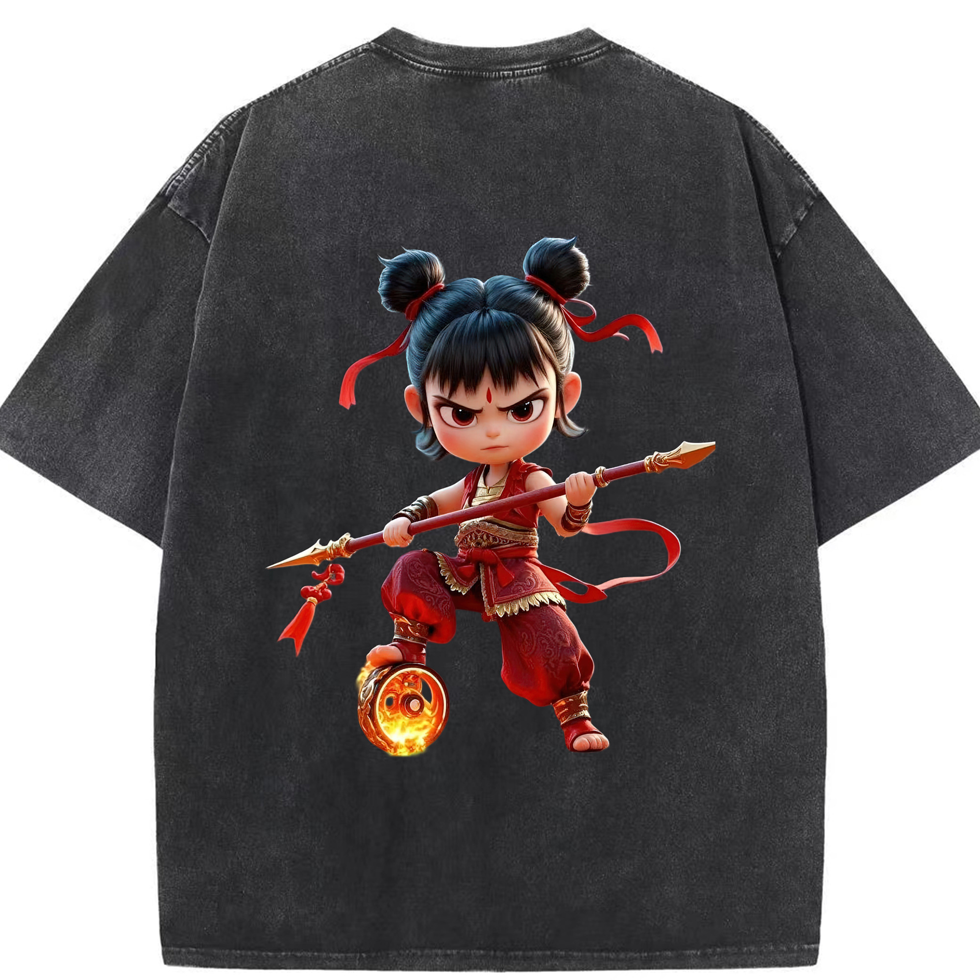 （画像用） Ne Zha 2 ナタ 魔童の大暴れ 綿100% ヴィンテージ風 半袖Tシャツ（背面プリント）