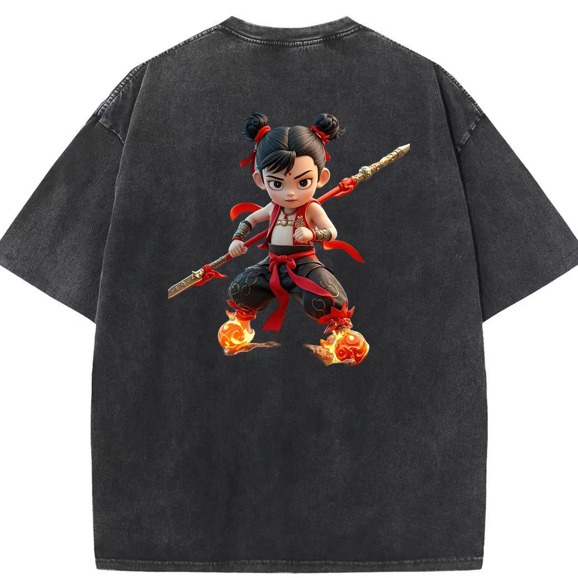 （画像用） Ne Zha 2 ナタ 魔童の大暴れ 綿100% ヴィンテージ風 半袖Tシャツ（背面プリント）