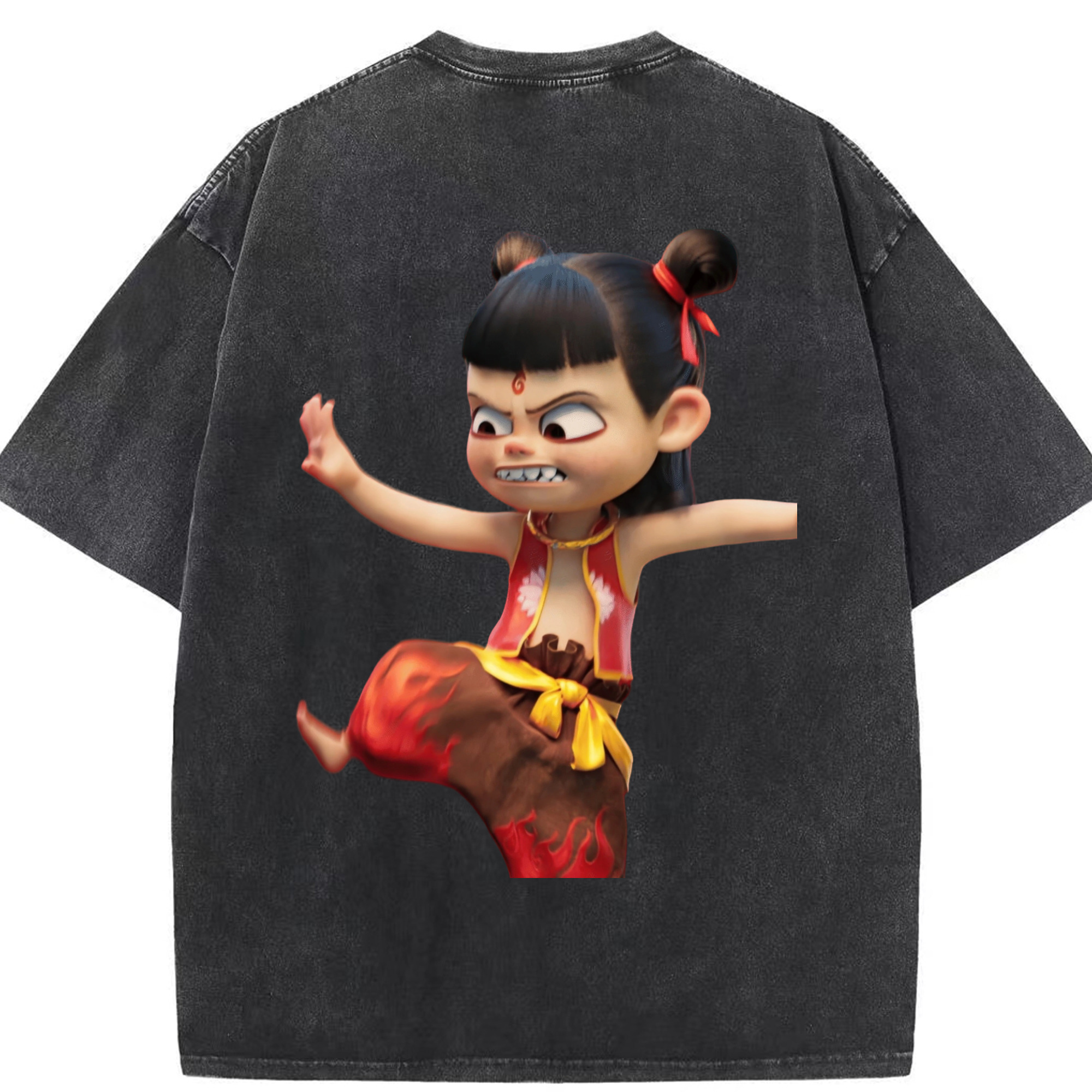 （画像用） Ne Zha 2 ナタ 魔童の大暴れ 綿100% ヴィンテージ風 半袖Tシャツ（背面プリント）