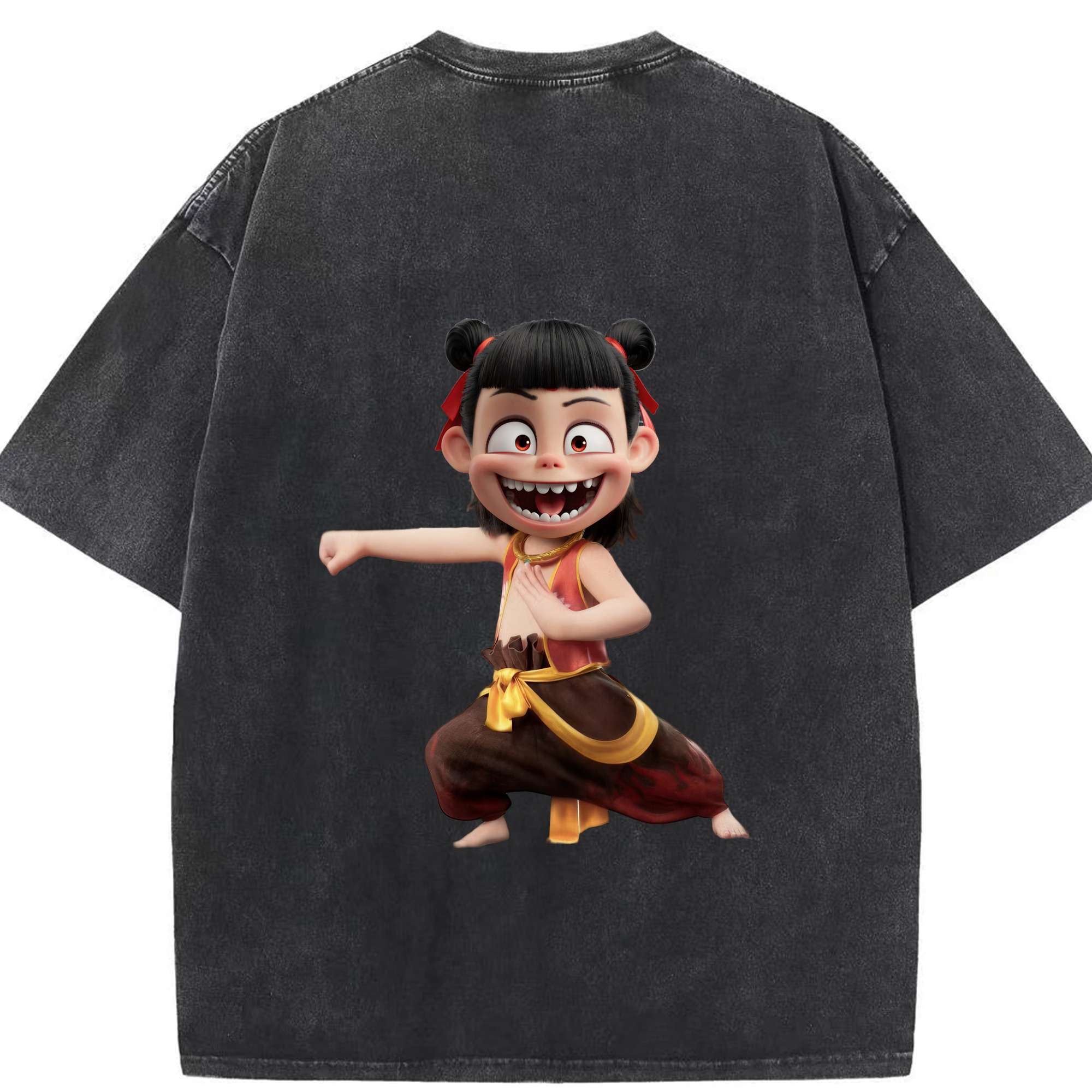 （画像用） Ne Zha 2 ナタ 魔童の大暴れ 綿100% ヴィンテージ風 半袖Tシャツ（背面プリント）