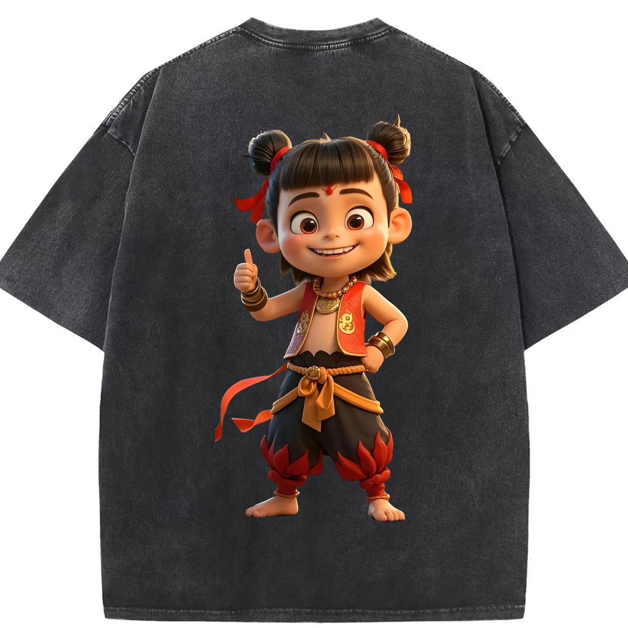 （画像用） Ne Zha 2 ナタ 魔童の大暴れ 綿100% ヴィンテージ風 半袖Tシャツ（背面プリント）
