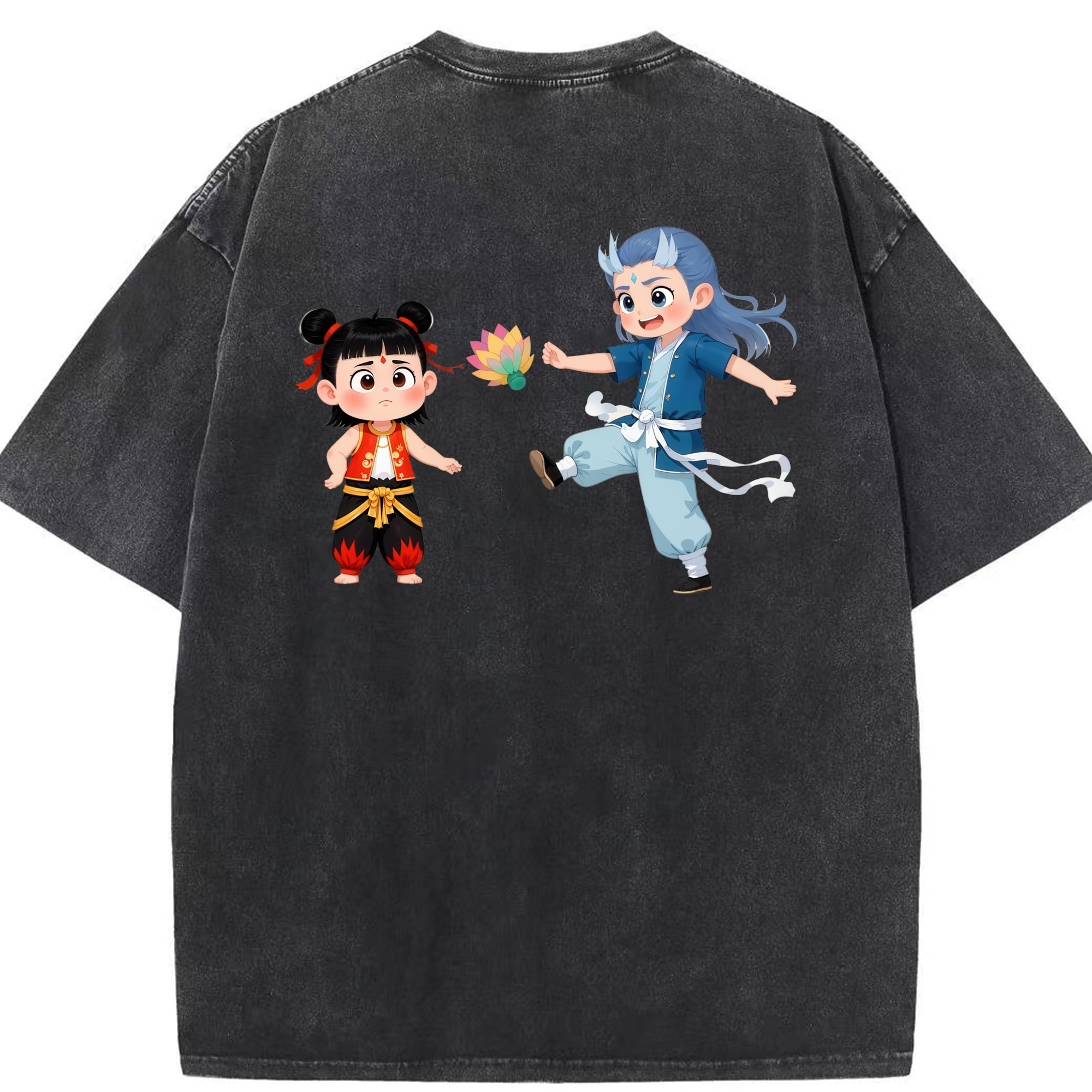 （画像用） Ne Zha 2 ナタ 魔童の大暴れ 綿100% ヴィンテージ風 半袖Tシャツ（背面プリント）