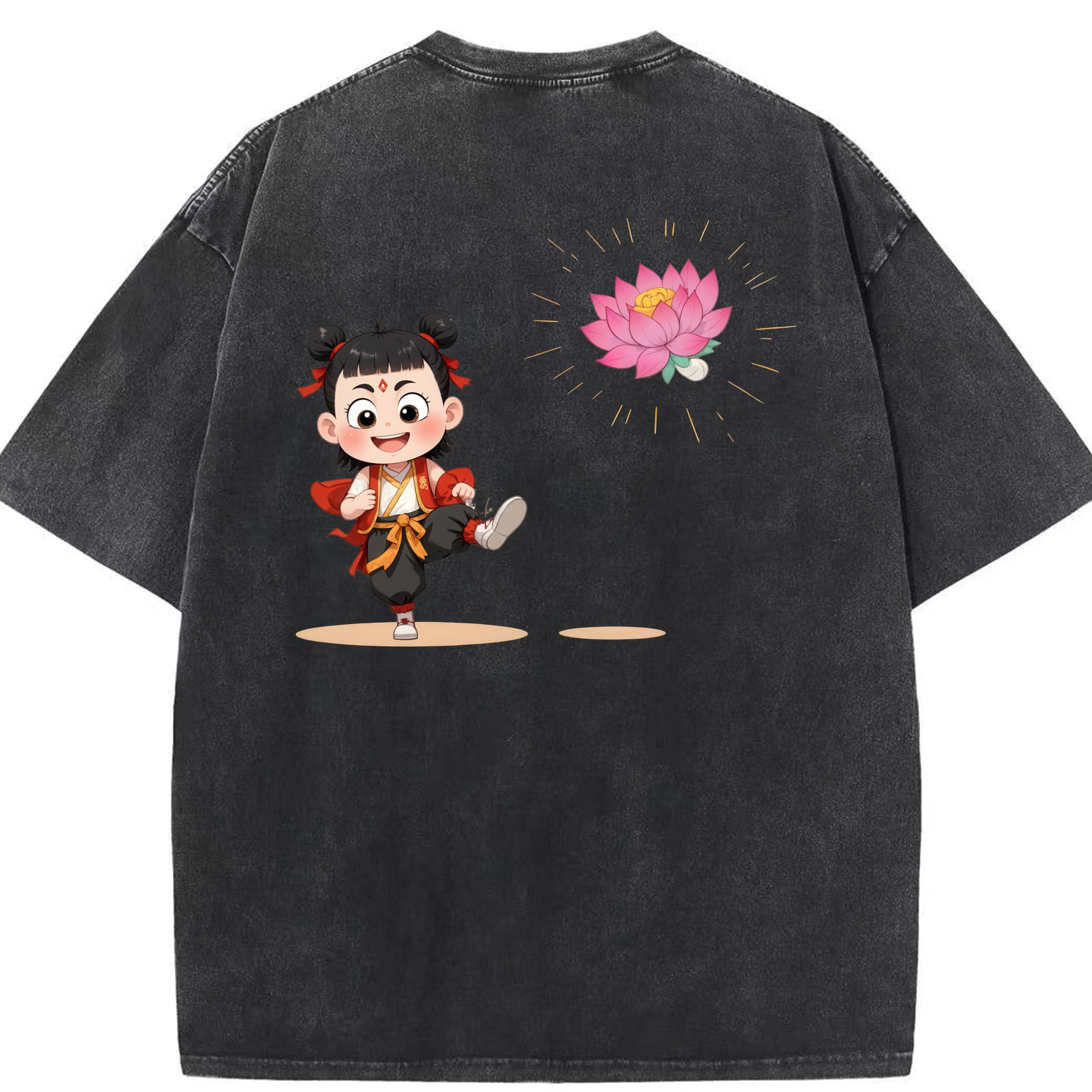 （画像用） Ne Zha 2 ナタ 魔童の大暴れ 綿100% ヴィンテージ風 半袖Tシャツ（背面プリント）