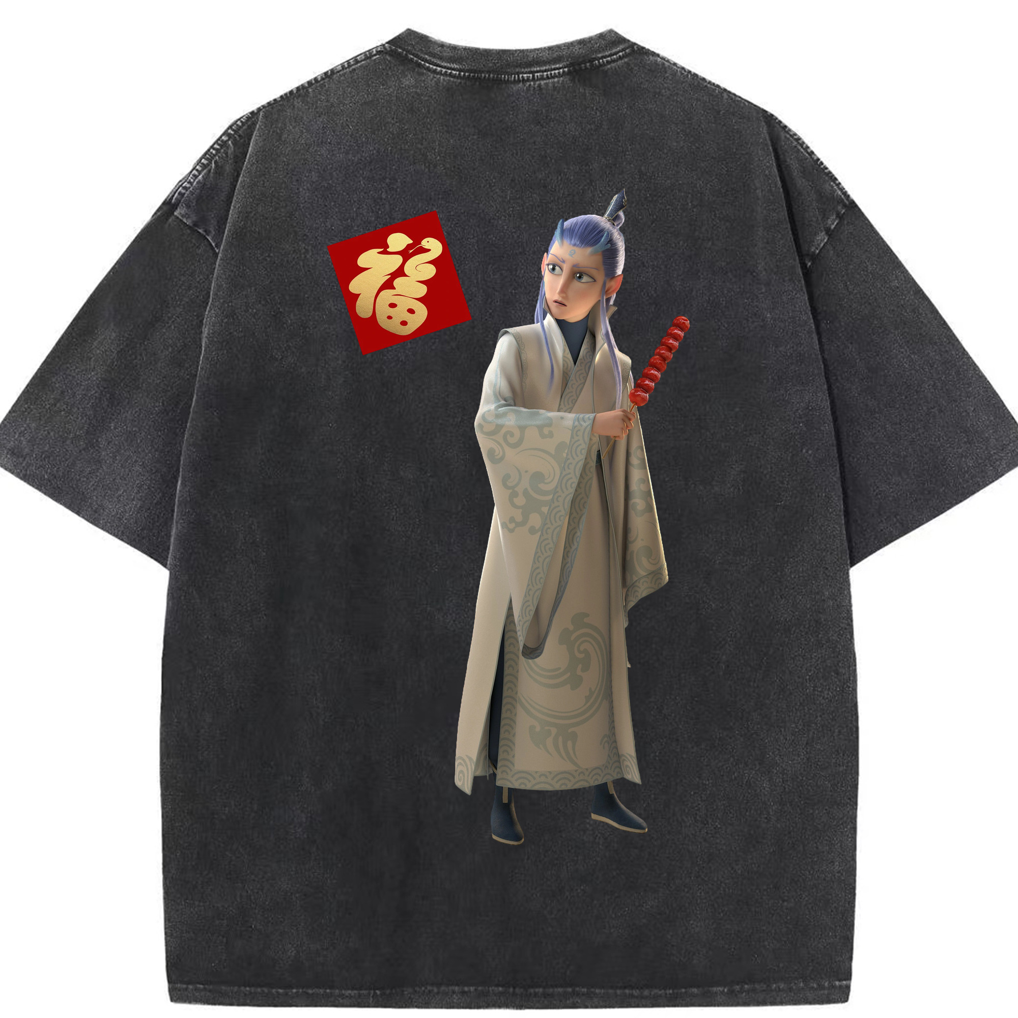 （画像用） Ne Zha 2 ナタ 魔童の大暴れ 綿100% ヴィンテージ風 半袖Tシャツ（背面プリント）