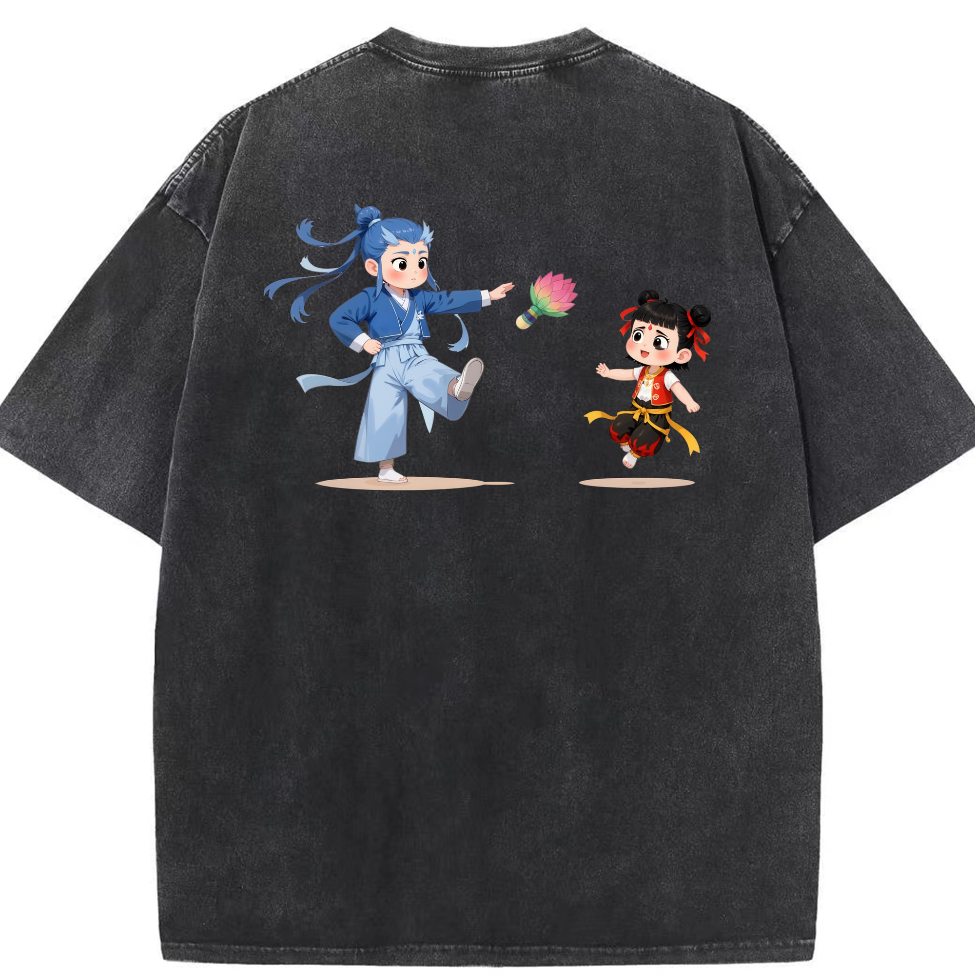 （画像用） Ne Zha 2 ナタ 魔童の大暴れ 綿100% ヴィンテージ風 半袖Tシャツ（背面プリント）