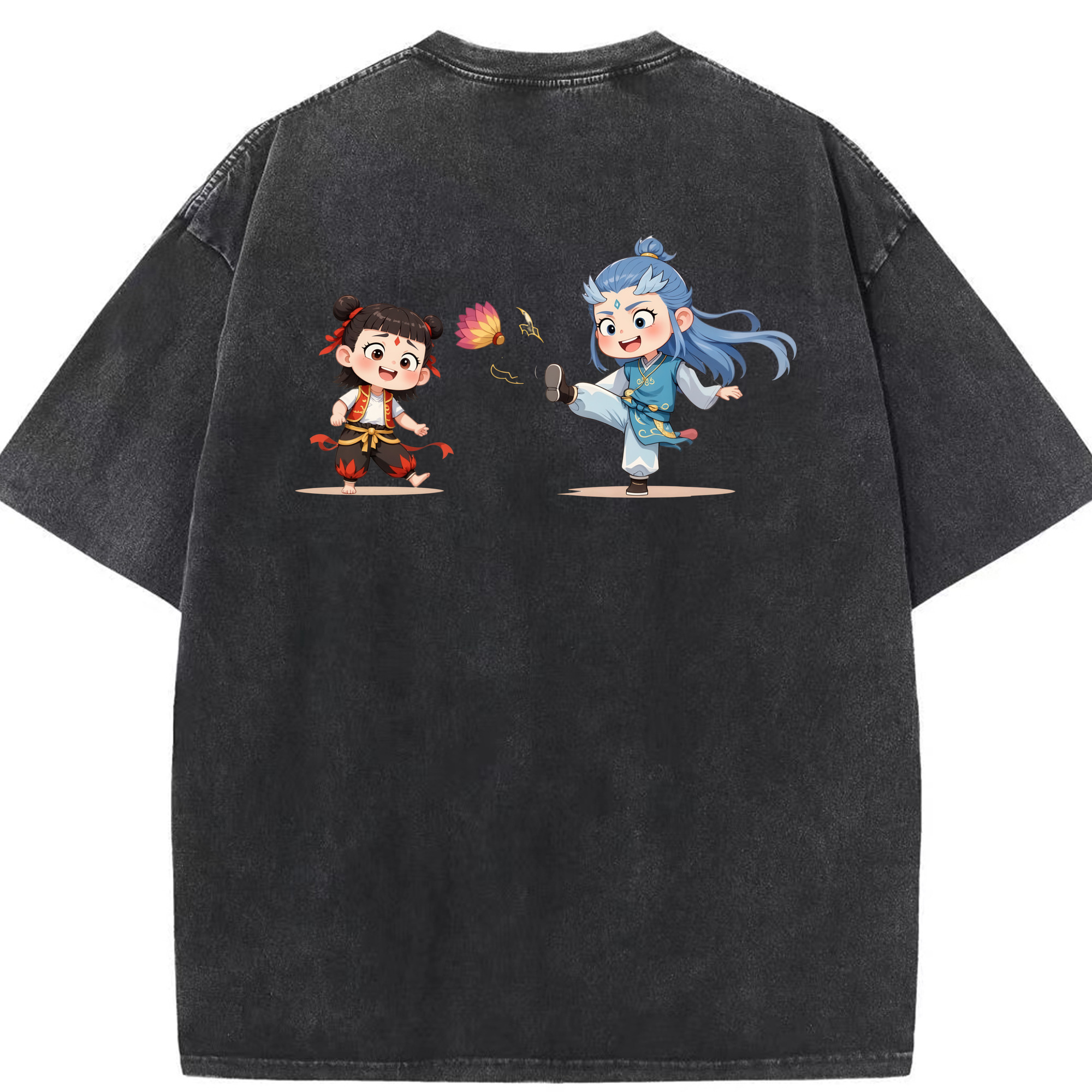 （画像用） Ne Zha 2 ナタ 魔童の大暴れ 綿100% ヴィンテージ風 半袖Tシャツ（背面プリント）