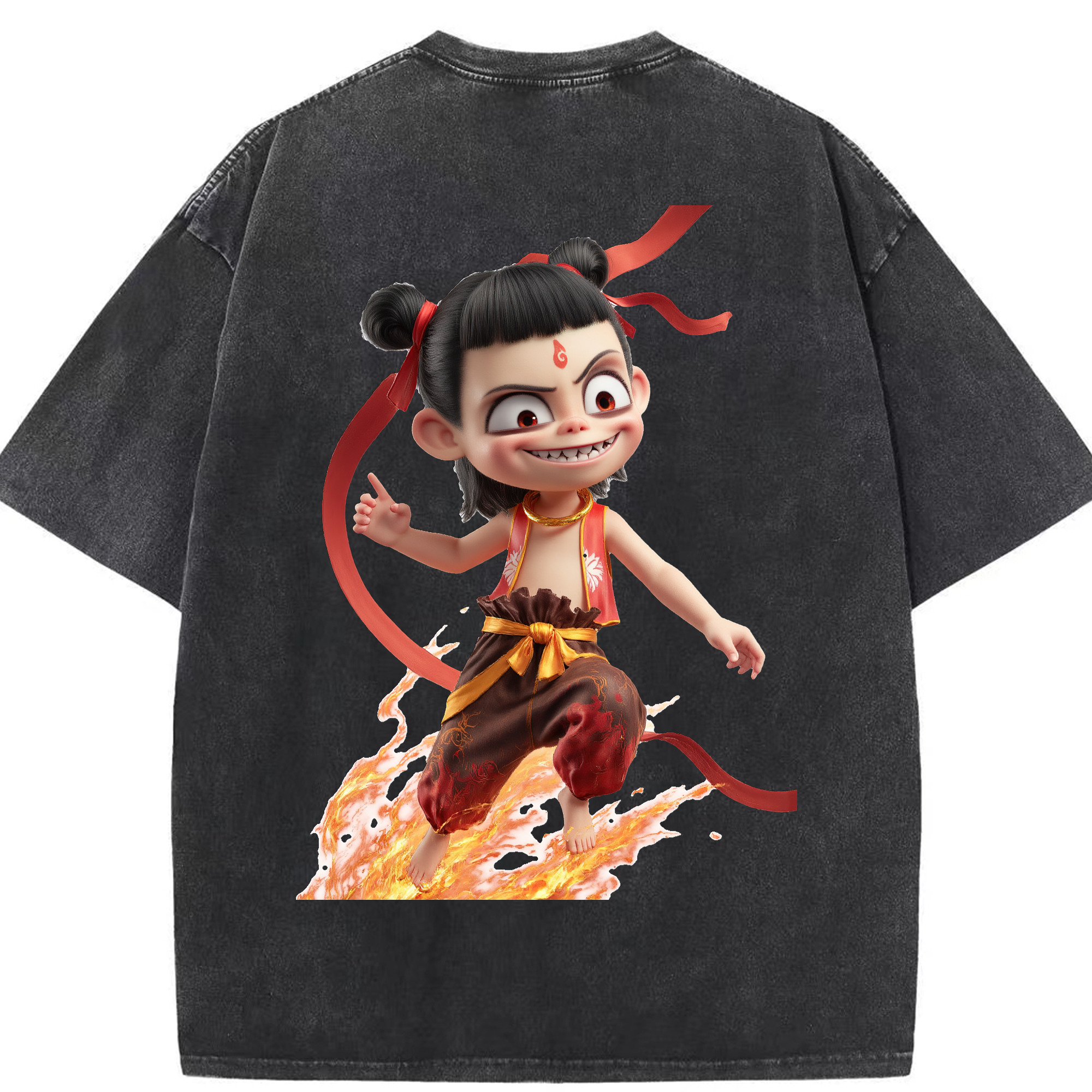 （画像用） Ne Zha 2 ナタ 魔童の大暴れ 綿100% ヴィンテージ風 半袖Tシャツ（背面プリント）