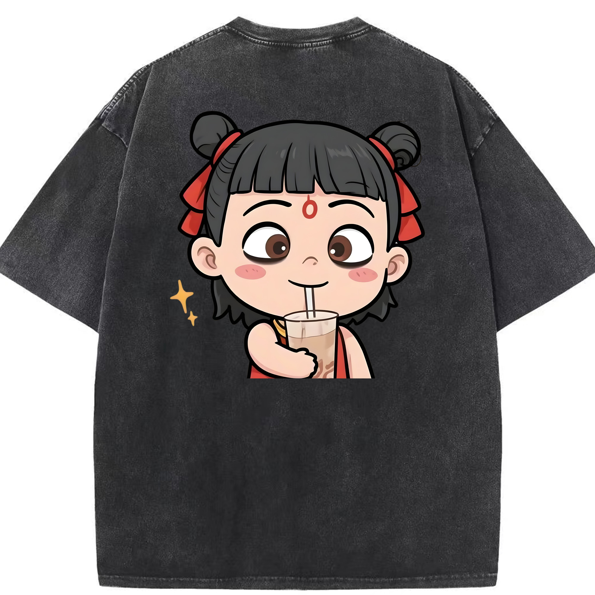 （画像用） Ne Zha 2 ナタ 魔童の大暴れ 綿100% ヴィンテージ風 半袖Tシャツ（背面プリント）