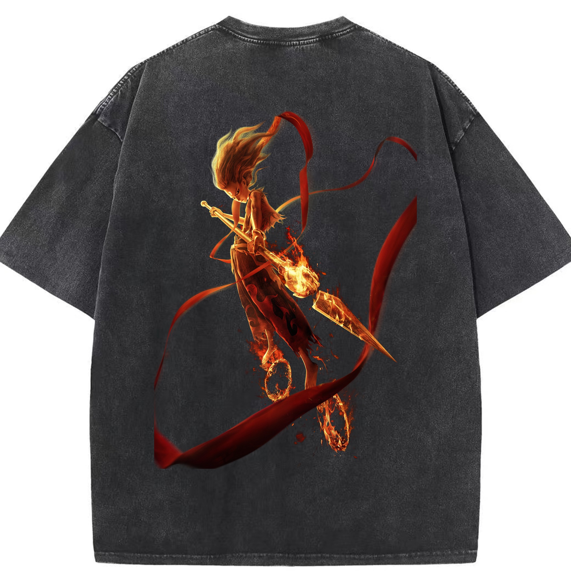 （画像用） Ne Zha 2 ナタ 魔童の大暴れ 綿100% ヴィンテージ風 半袖Tシャツ（背面プリント）
