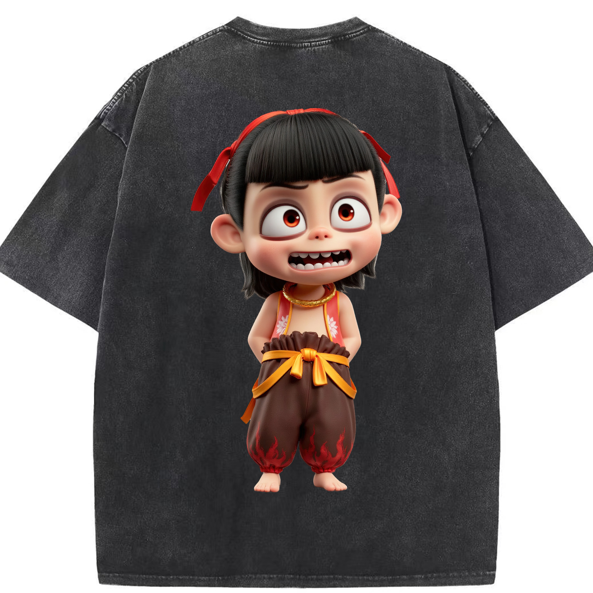 （画像用） Ne Zha 2 ナタ 魔童の大暴れ 綿100% ヴィンテージ風 半袖Tシャツ（背面プリント）