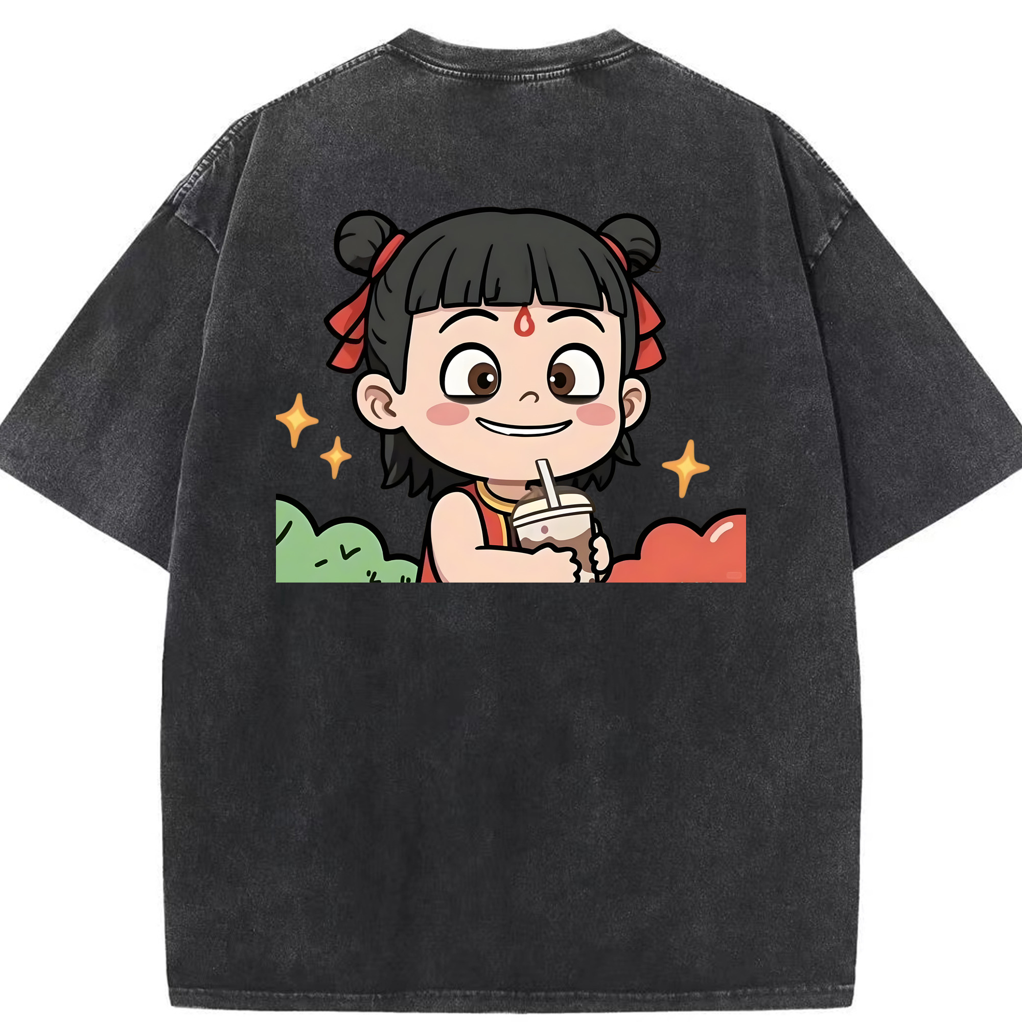 （画像用） Ne Zha 2 ナタ 魔童の大暴れ 綿100% ヴィンテージ風 半袖Tシャツ（背面プリント）