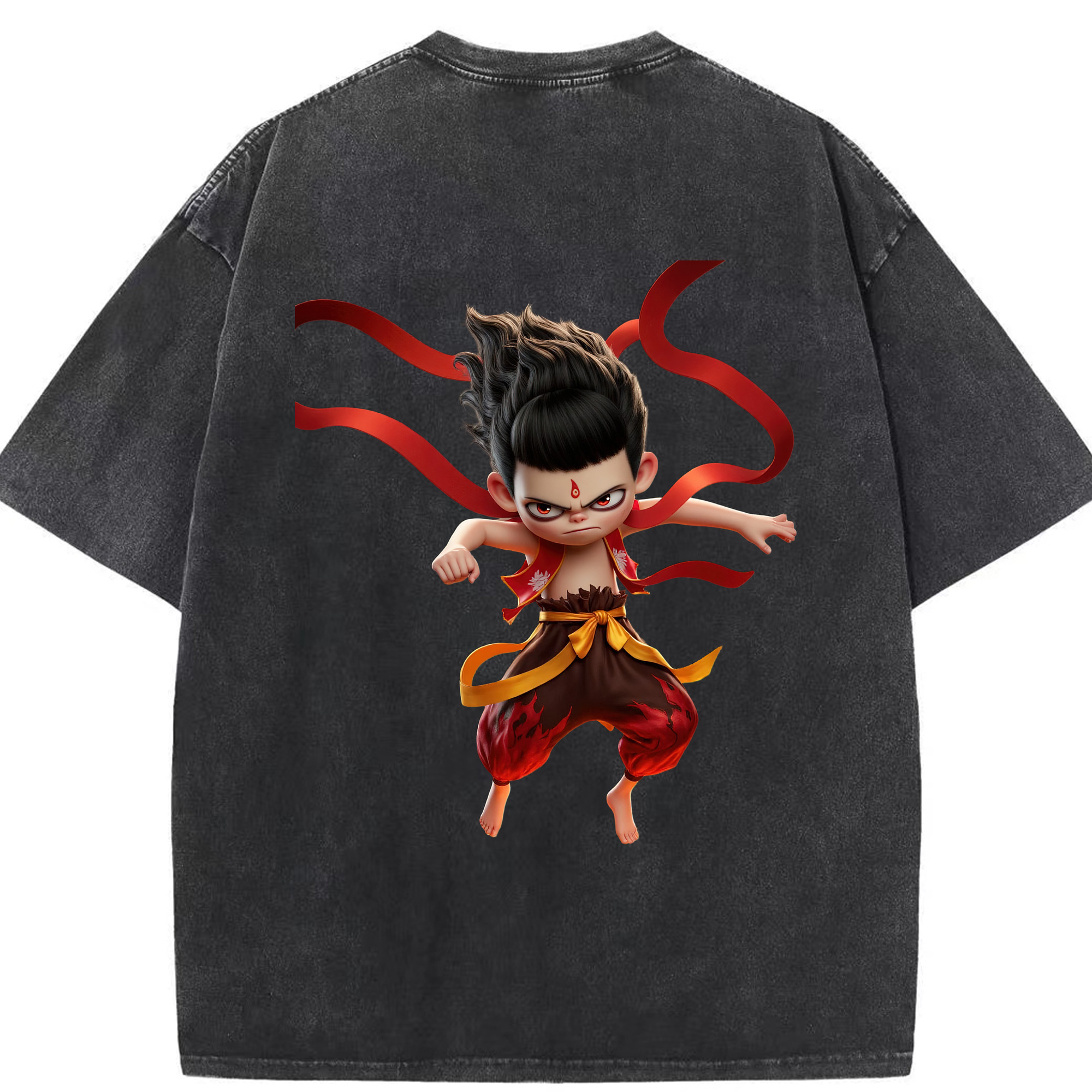 （画像用） Ne Zha 2 ナタ 魔童の大暴れ 綿100% ヴィンテージ風 半袖Tシャツ（背面プリント）
