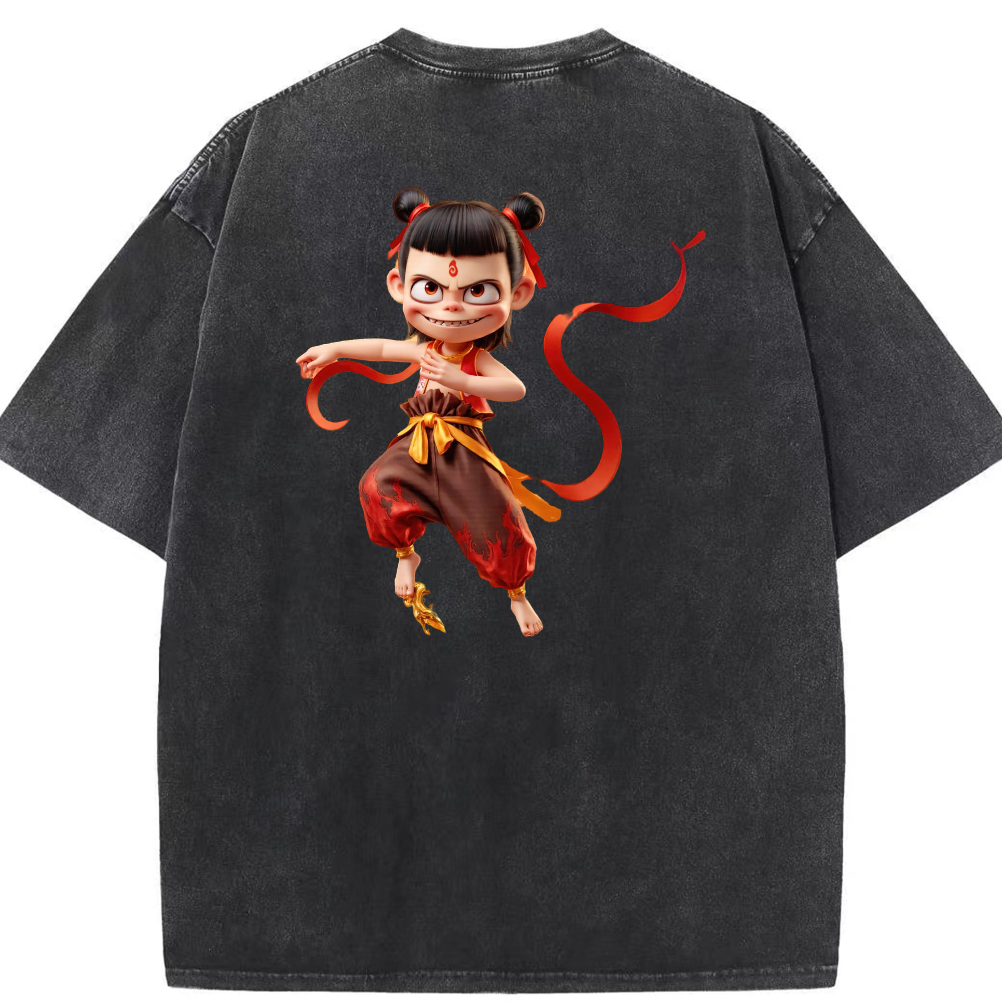 （画像用） Ne Zha 2 ナタ 魔童の大暴れ 綿100% ヴィンテージ風 半袖Tシャツ（背面プリント）
