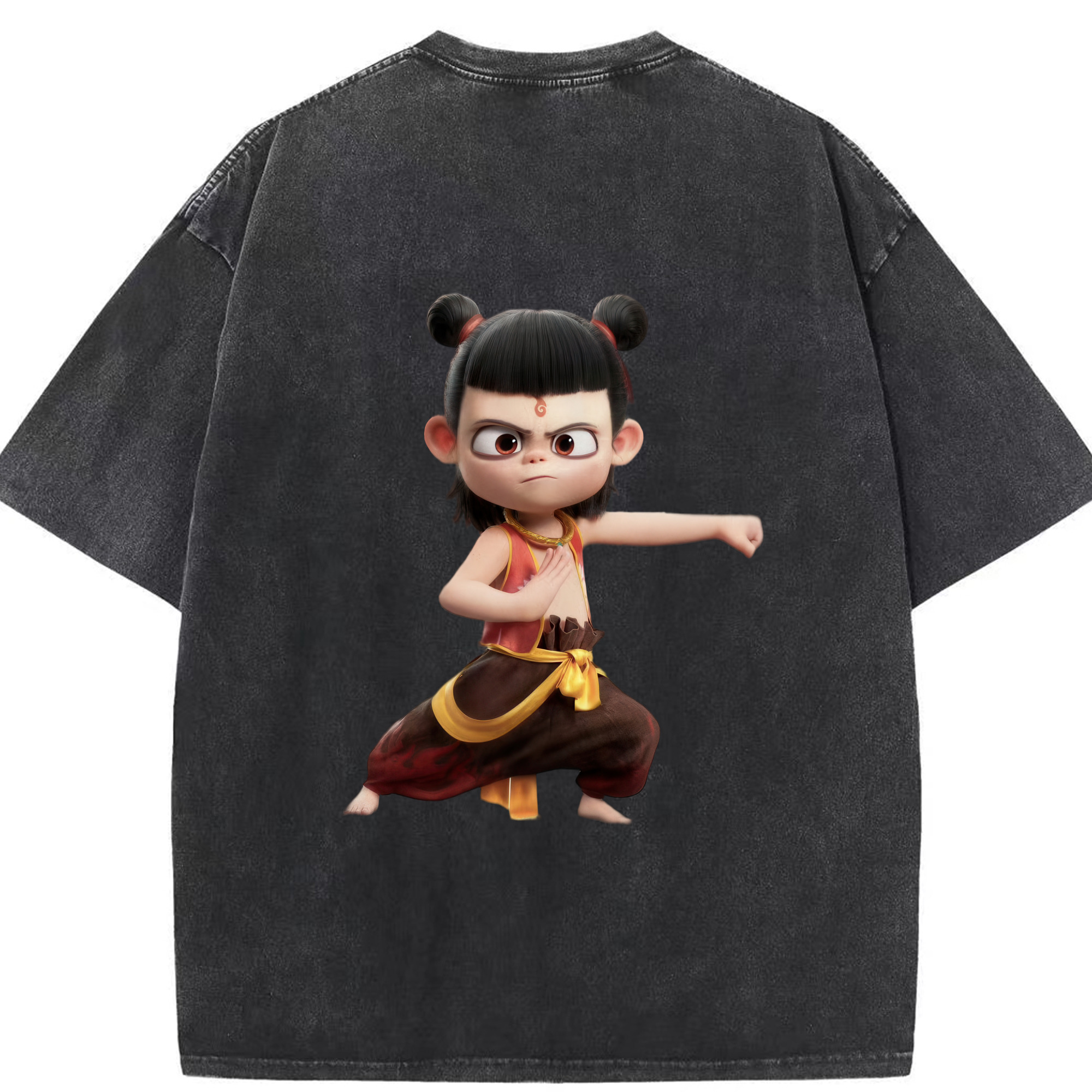 （画像用） Ne Zha 2 ナタ 魔童の大暴れ 綿100% ヴィンテージ風 半袖Tシャツ（背面プリント）