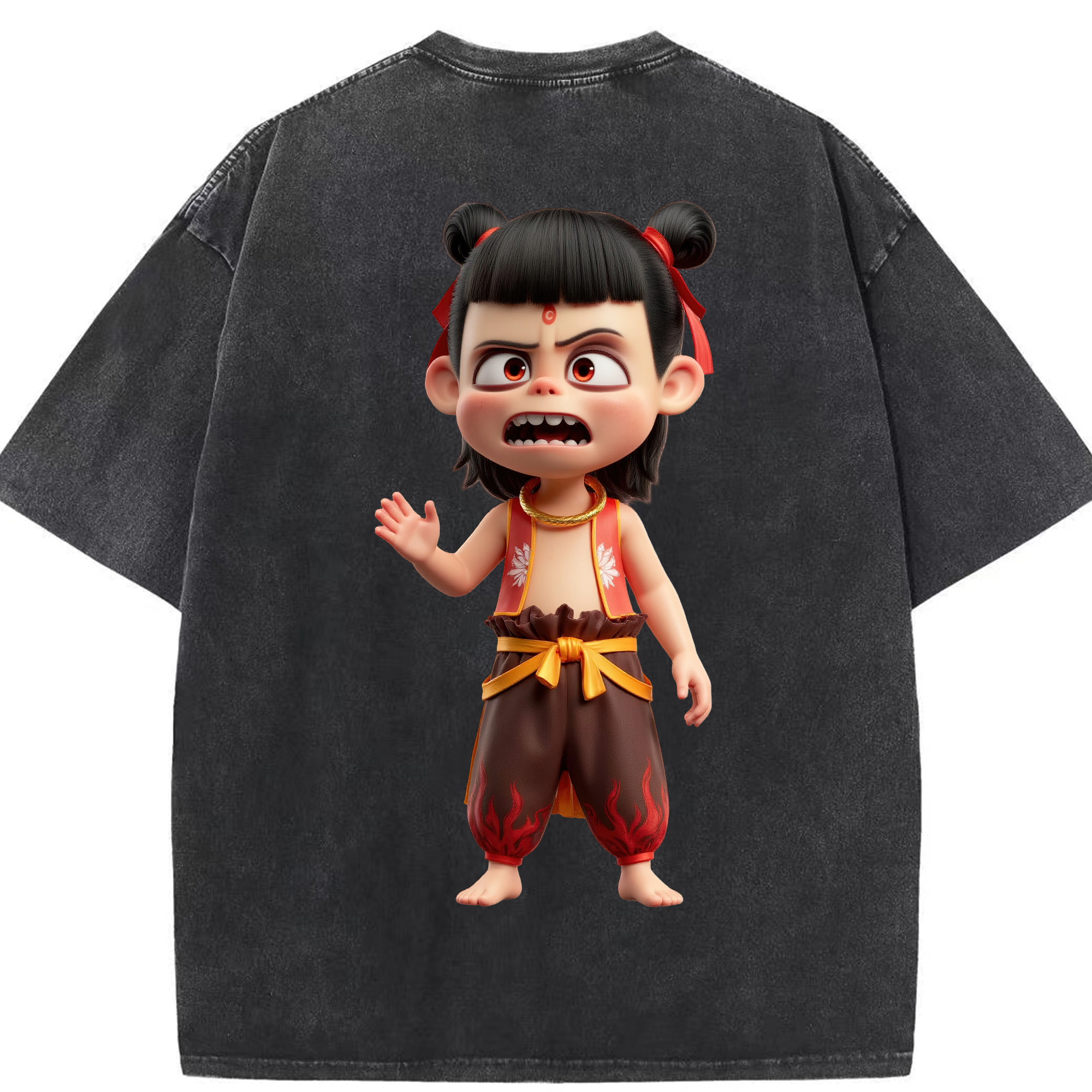 （画像用） Ne Zha 2 ナタ 魔童の大暴れ 綿100% ヴィンテージ風 半袖Tシャツ（背面プリント）