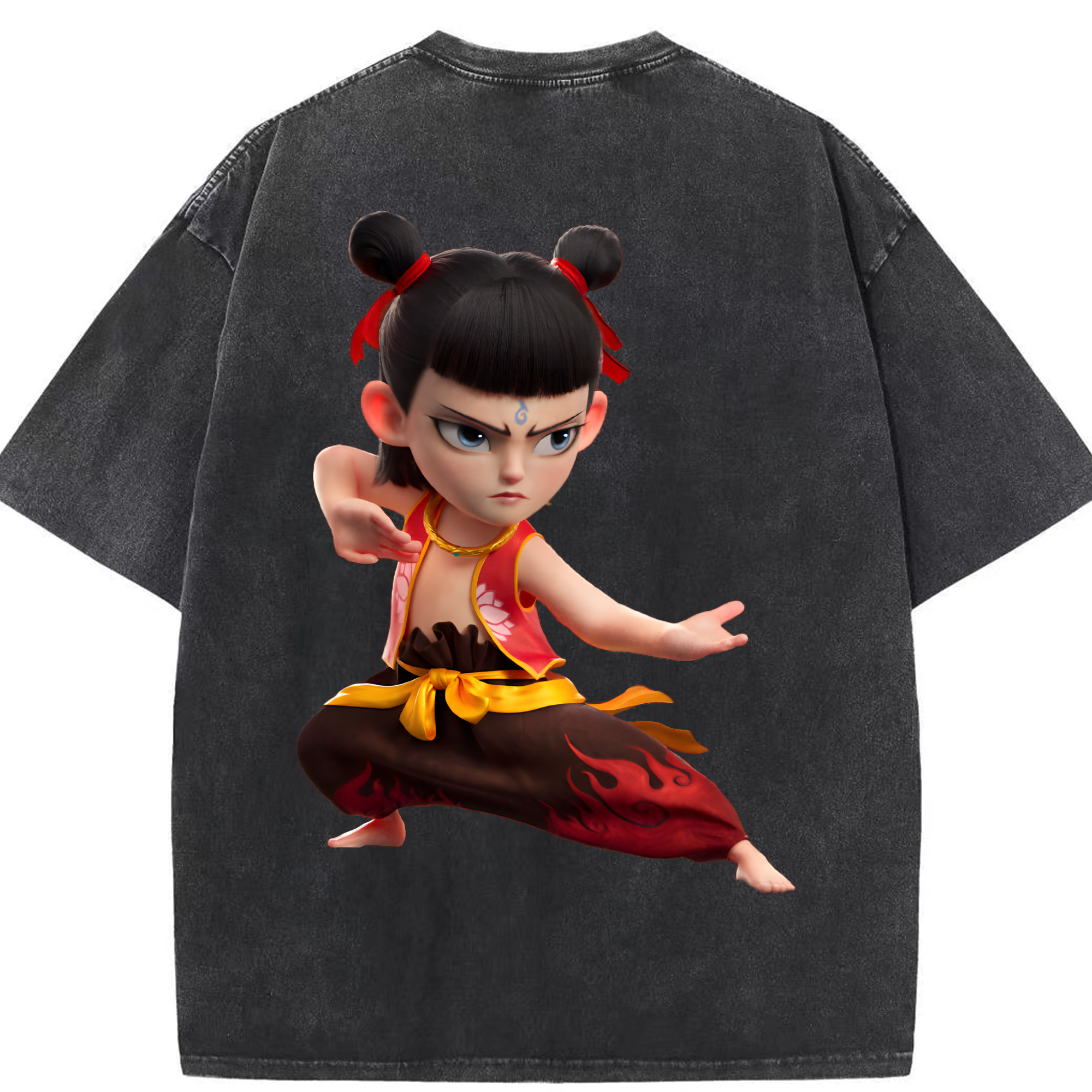 （画像用） Ne Zha 2 ナタ 魔童の大暴れ 綿100% ヴィンテージ風 半袖Tシャツ（背面プリント）