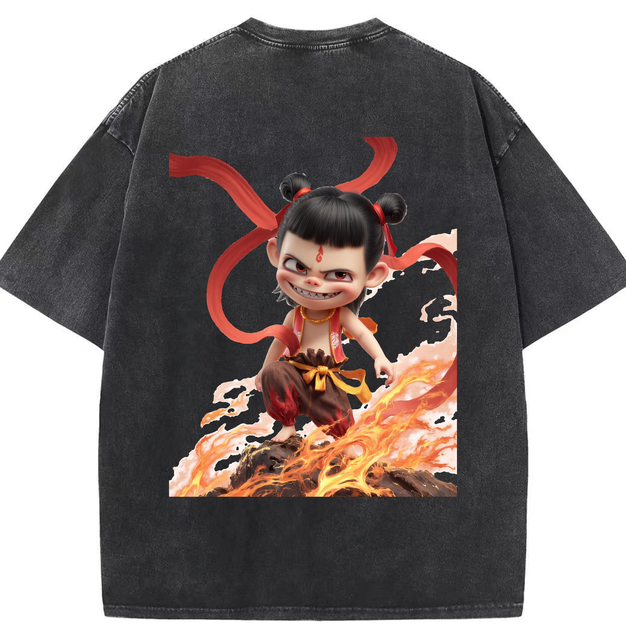 （画像用） Ne Zha 2 ナタ 魔童の大暴れ 綿100% ヴィンテージ風 半袖Tシャツ（背面プリント）