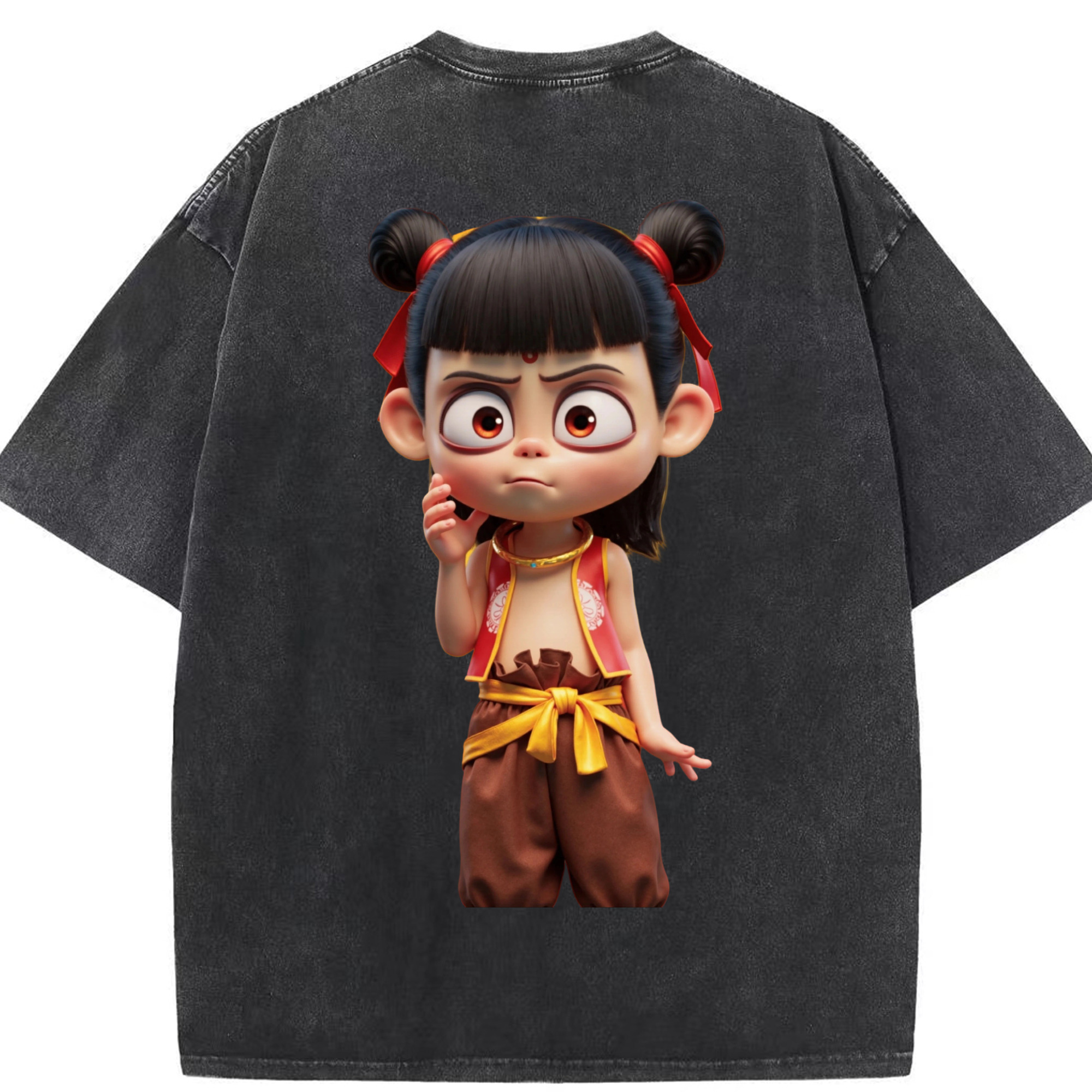 （画像用） Ne Zha 2 ナタ 魔童の大暴れ 綿100% ヴィンテージ風 半袖Tシャツ（背面プリント）