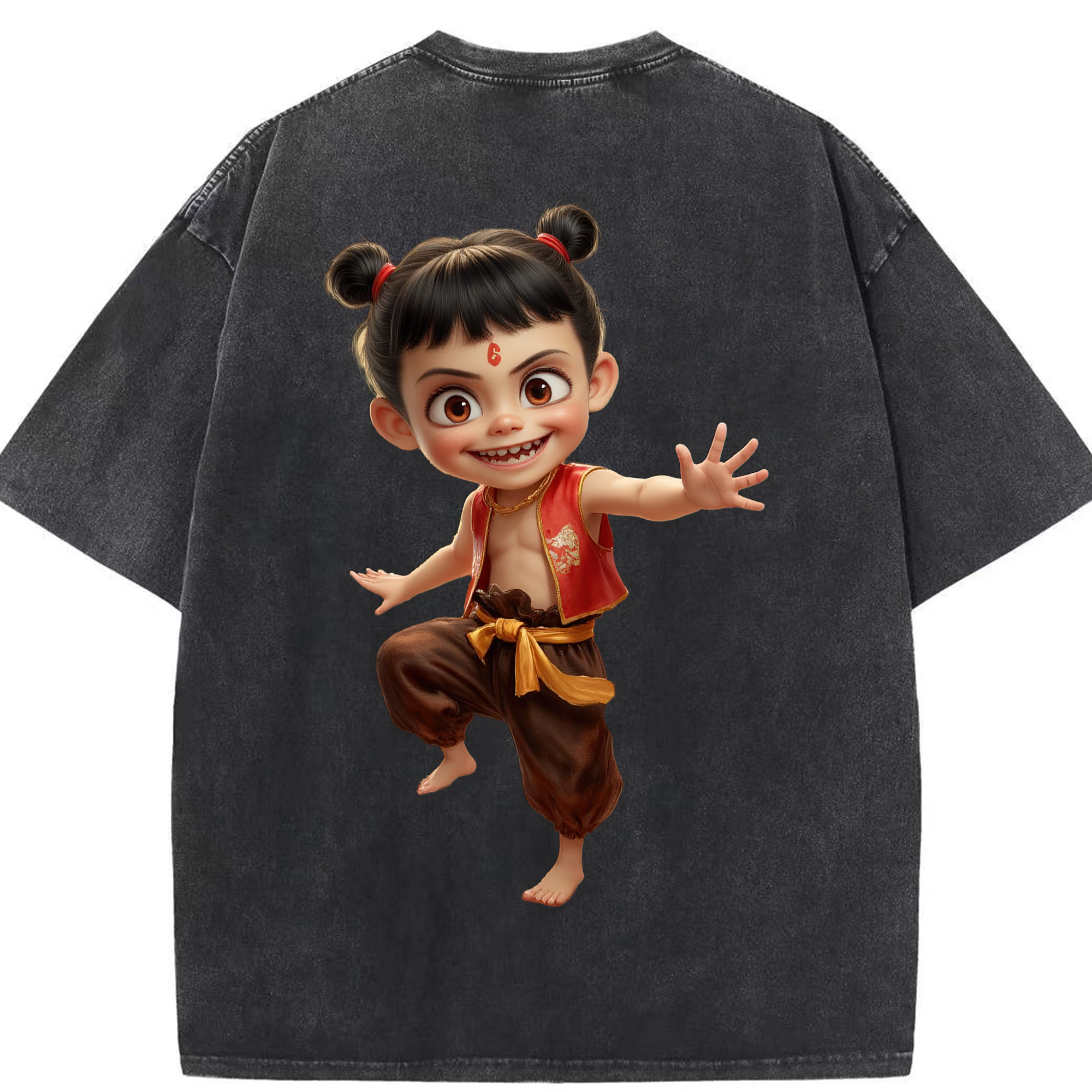 （画像用） Ne Zha 2 ナタ 魔童の大暴れ 綿100% ヴィンテージ風 半袖Tシャツ（背面プリント）