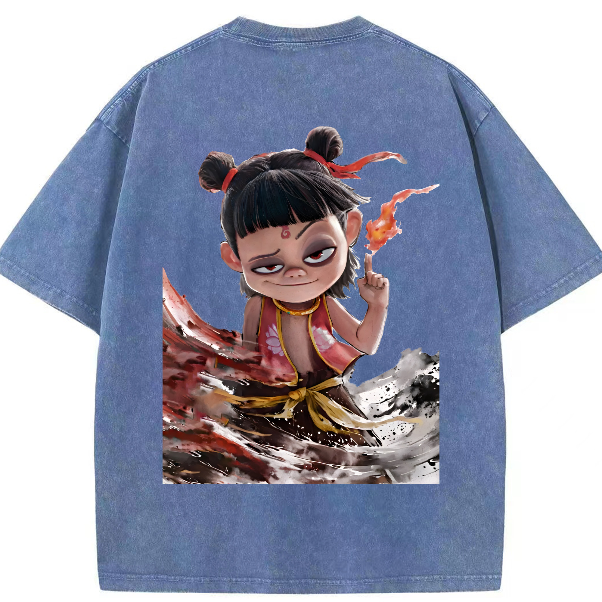 （画像用） Ne Zha 2 ナタ 魔童の大暴れ 綿100% ヴィンテージ風 半袖Tシャツ（背面プリント）