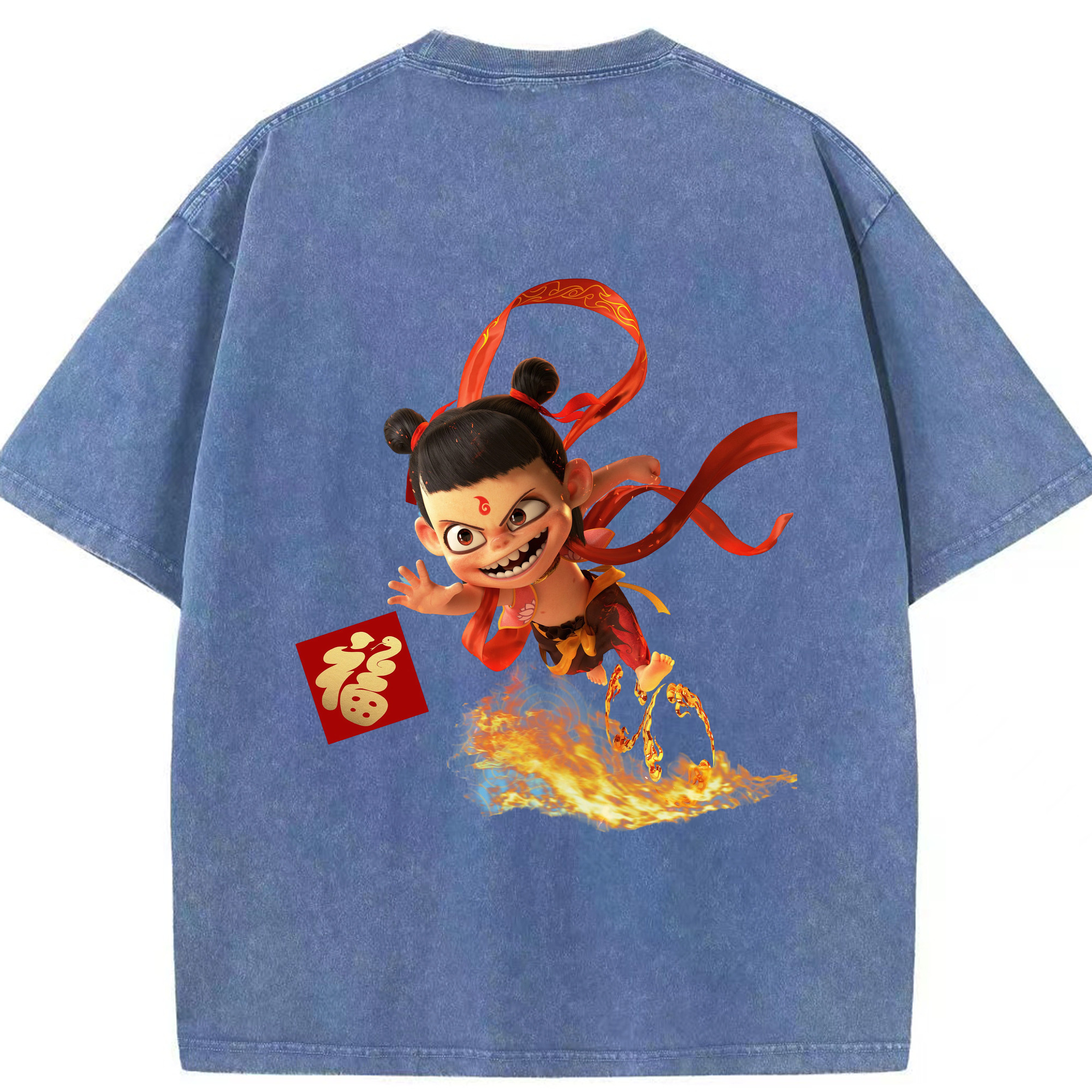 （画像用） Ne Zha 2 ナタ 魔童の大暴れ 綿100% ヴィンテージ風 半袖Tシャツ（背面プリント）