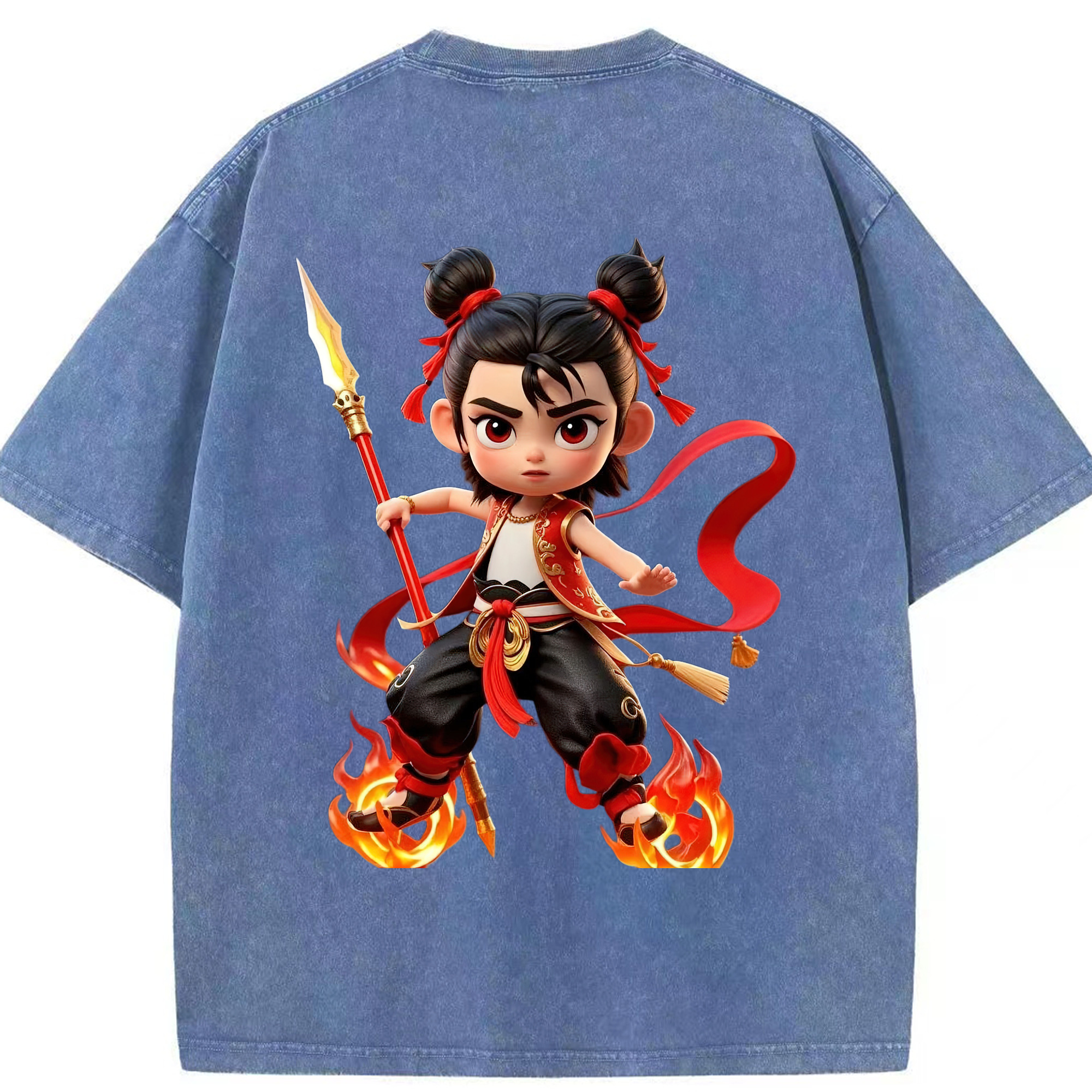 （画像用） Ne Zha 2 ナタ 魔童の大暴れ 綿100% ヴィンテージ風 半袖Tシャツ（背面プリント）