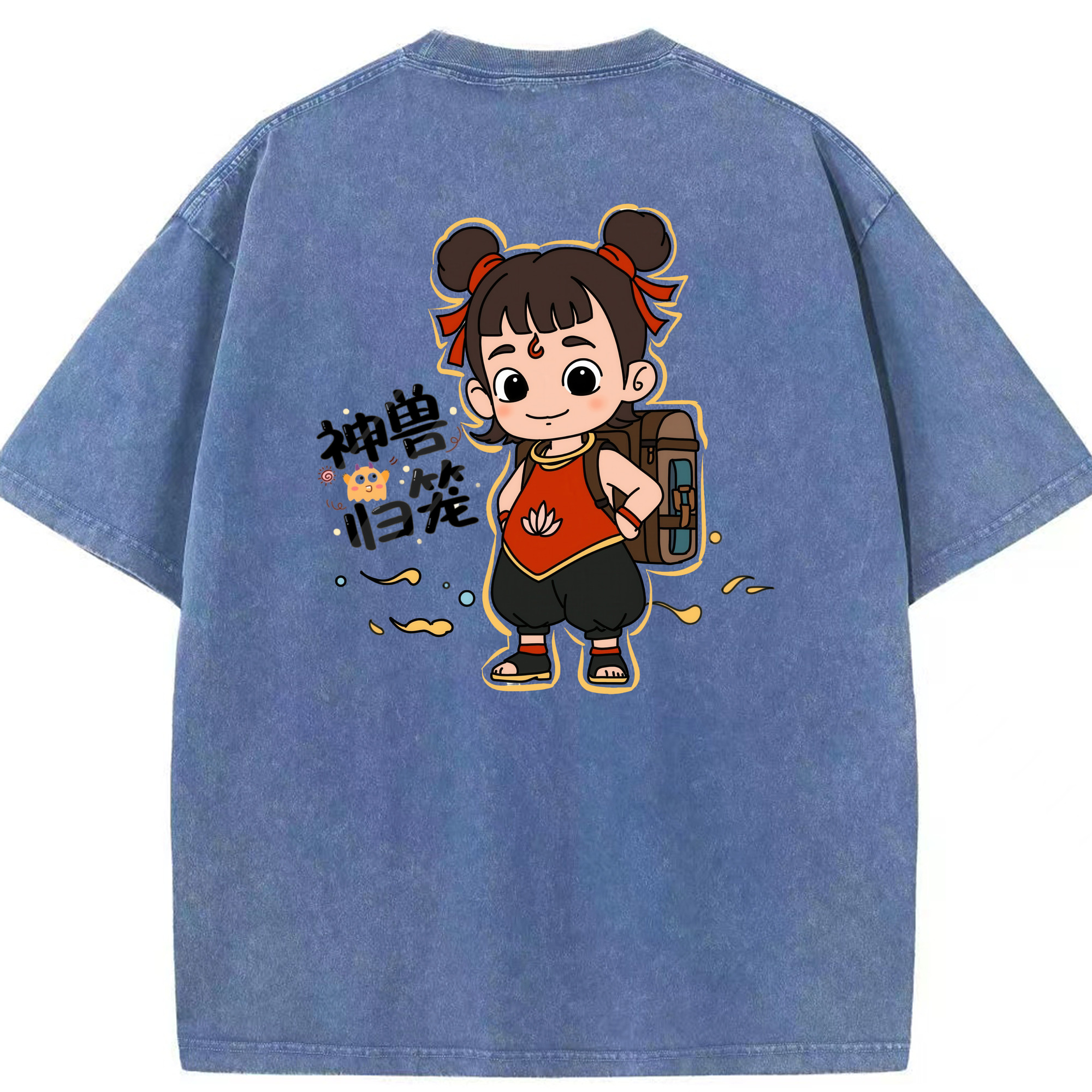 （画像用） Ne Zha 2 ナタ 魔童の大暴れ 綿100% ヴィンテージ風 半袖Tシャツ（背面プリント）