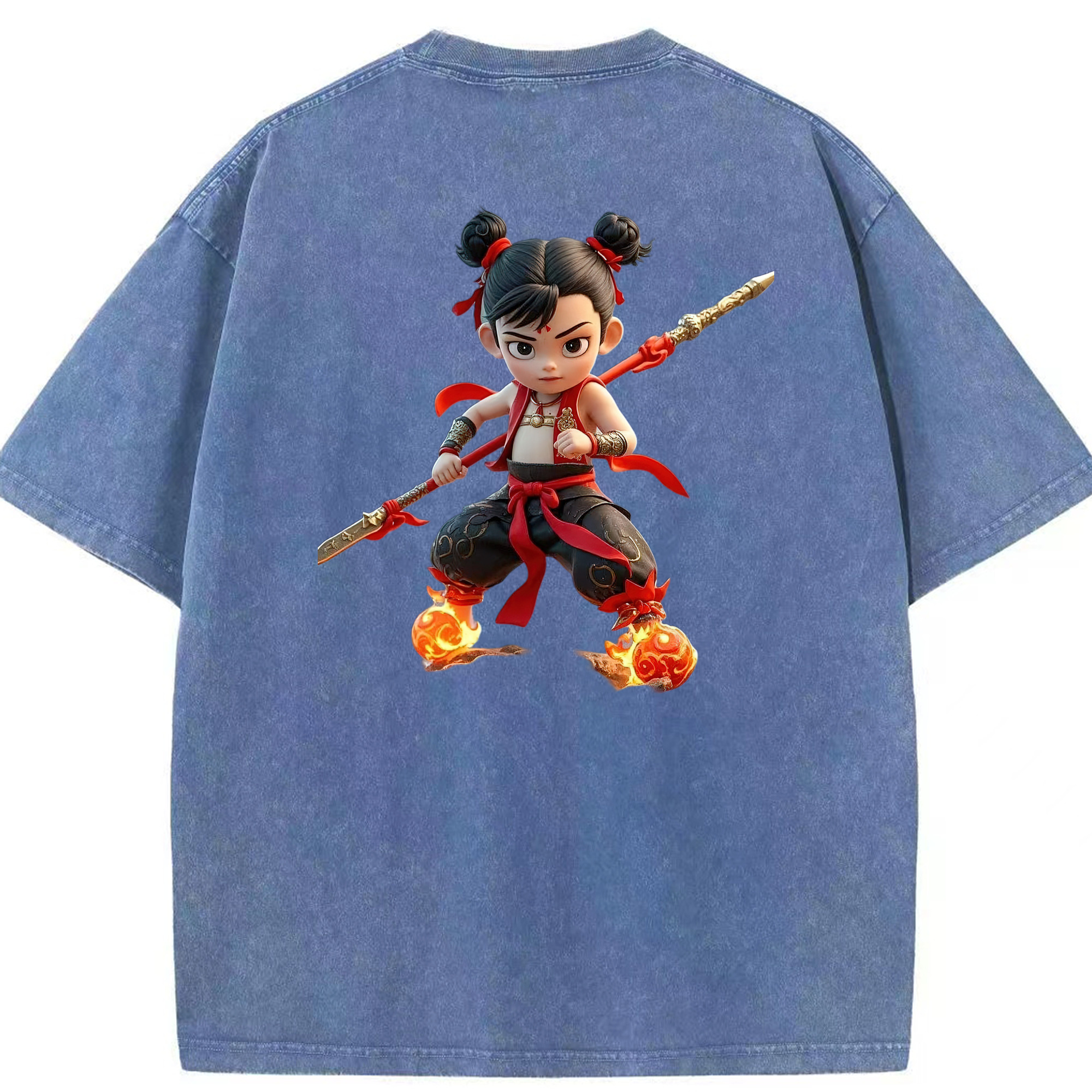 （画像用） Ne Zha 2 ナタ 魔童の大暴れ 綿100% ヴィンテージ風 半袖Tシャツ（背面プリント）