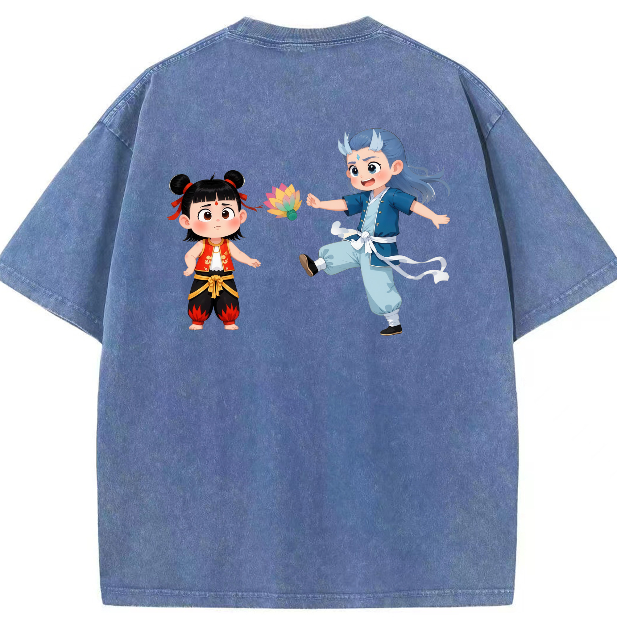 （画像用） Ne Zha 2 ナタ 魔童の大暴れ 綿100% ヴィンテージ風 半袖Tシャツ（背面プリント）