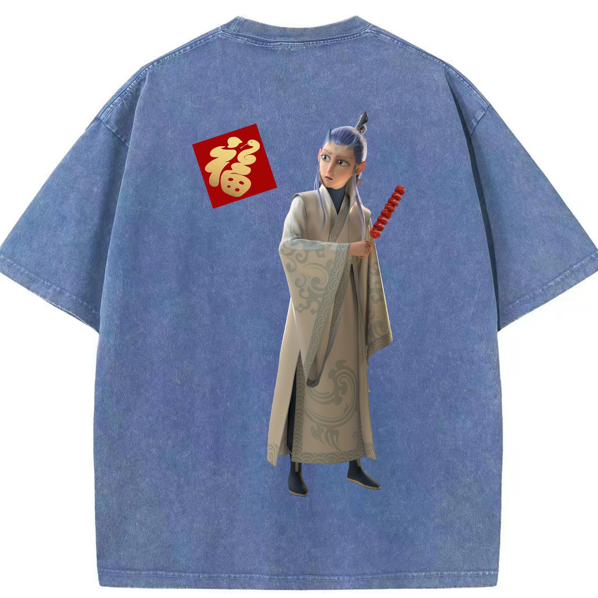 （画像用） Ne Zha 2 ナタ 魔童の大暴れ 綿100% ヴィンテージ風 半袖Tシャツ（背面プリント）