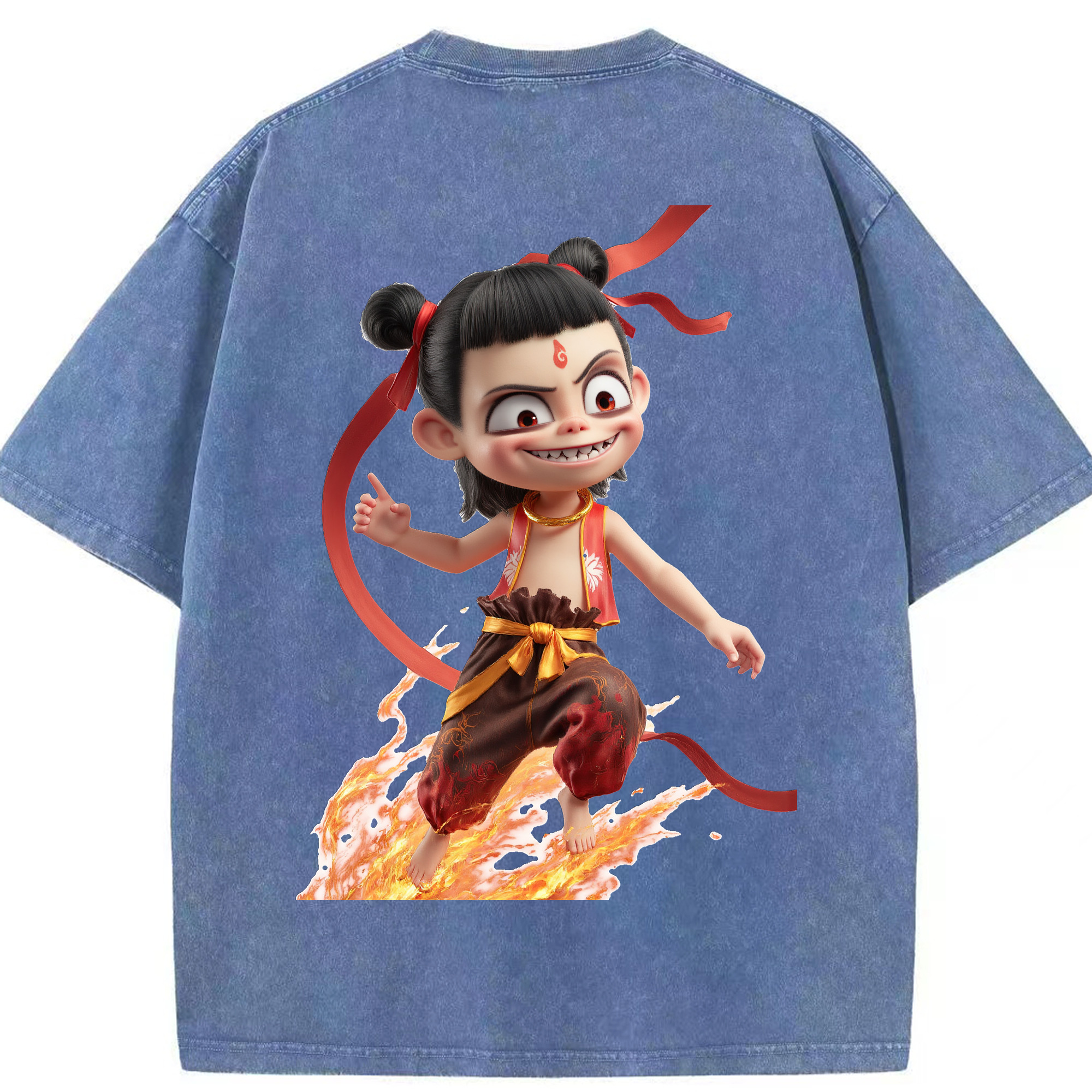 （画像用） Ne Zha 2 ナタ 魔童の大暴れ 綿100% ヴィンテージ風 半袖Tシャツ（背面プリント）
