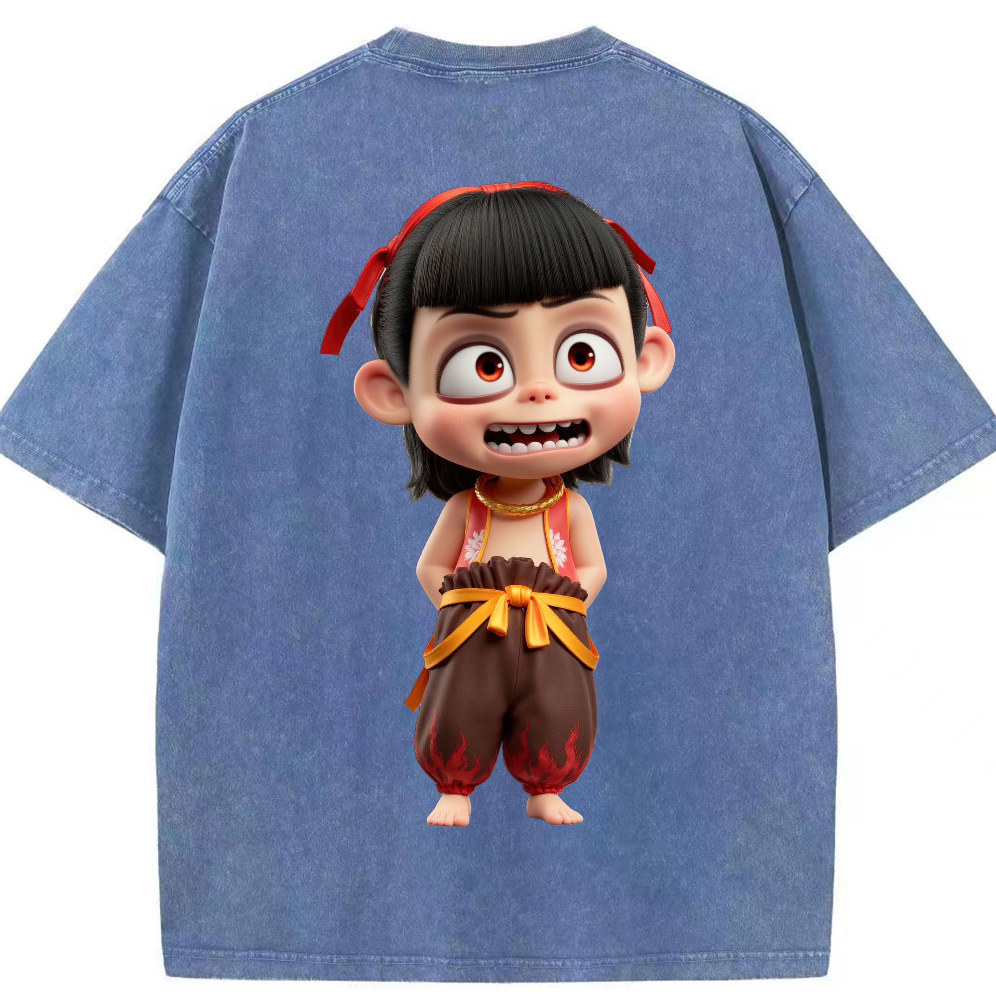 （画像用） Ne Zha 2 ナタ 魔童の大暴れ 綿100% ヴィンテージ風 半袖Tシャツ（背面プリント）