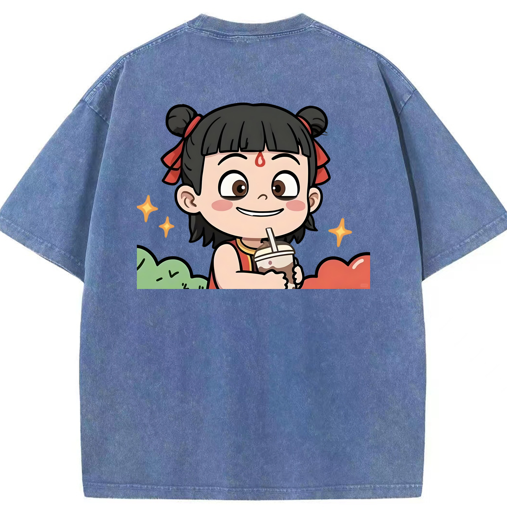 （画像用） Ne Zha 2 ナタ 魔童の大暴れ 綿100% ヴィンテージ風 半袖Tシャツ（背面プリント）