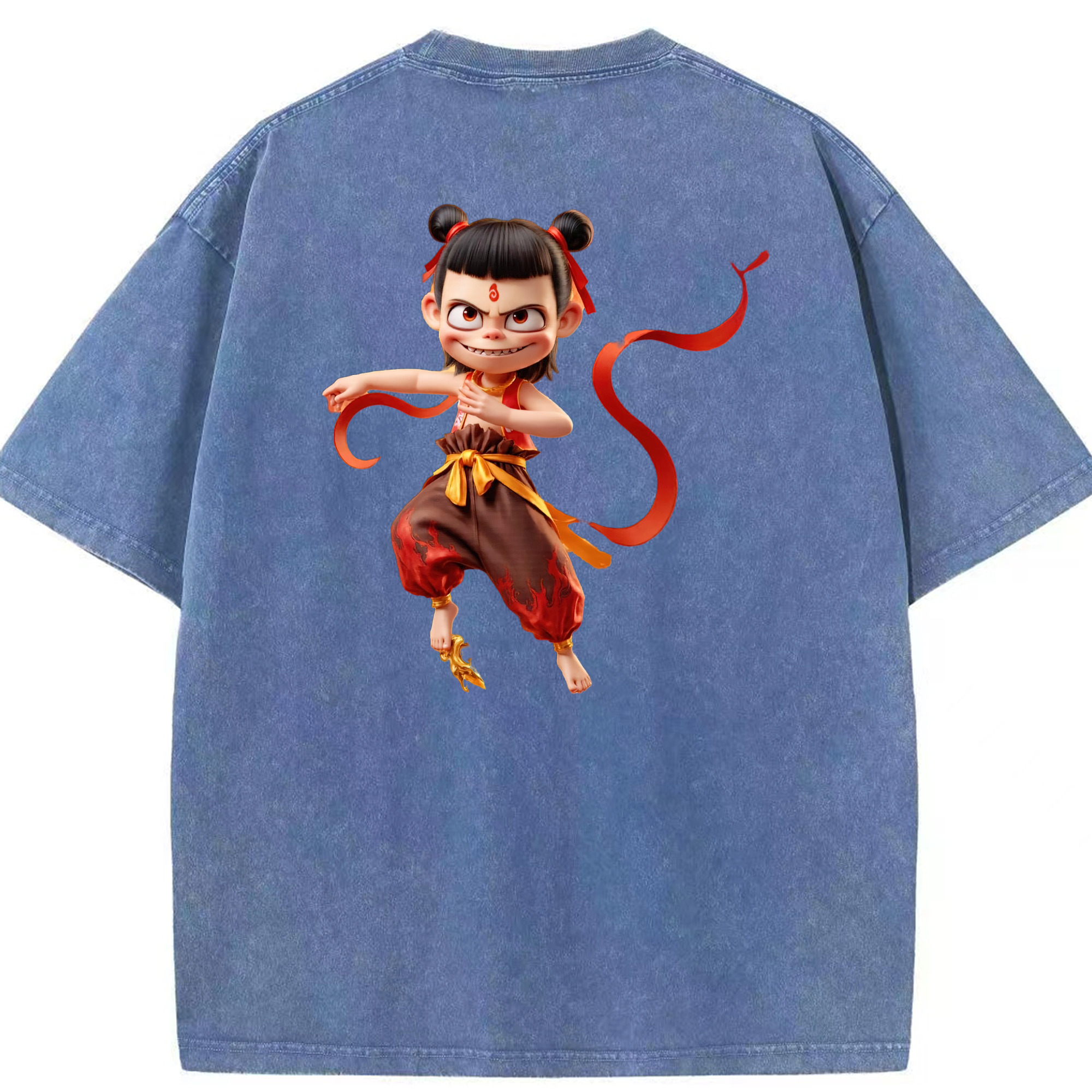 （画像用） Ne Zha 2 ナタ 魔童の大暴れ 綿100% ヴィンテージ風 半袖Tシャツ（背面プリント）