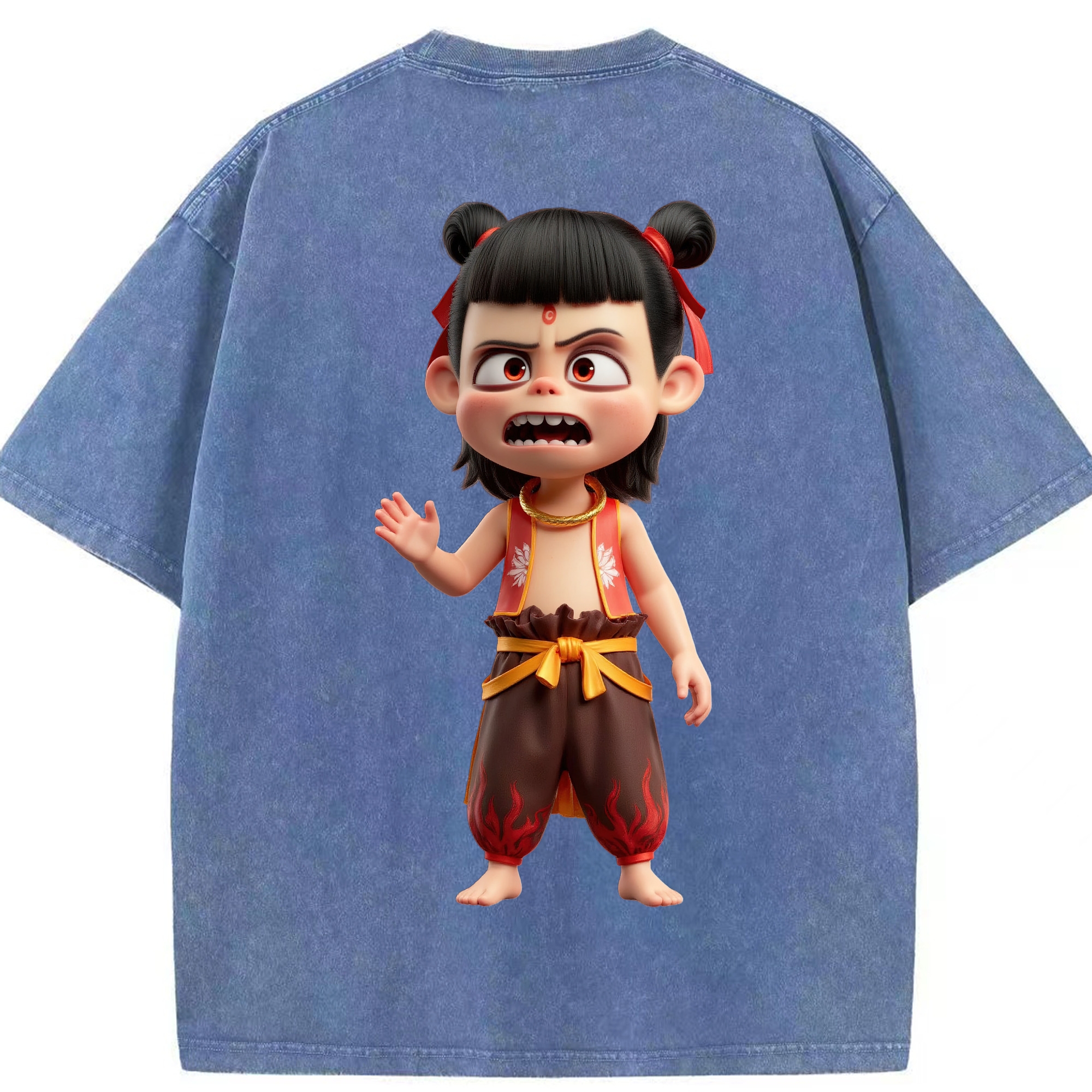 （画像用） Ne Zha 2 ナタ 魔童の大暴れ 綿100% ヴィンテージ風 半袖Tシャツ（背面プリント）