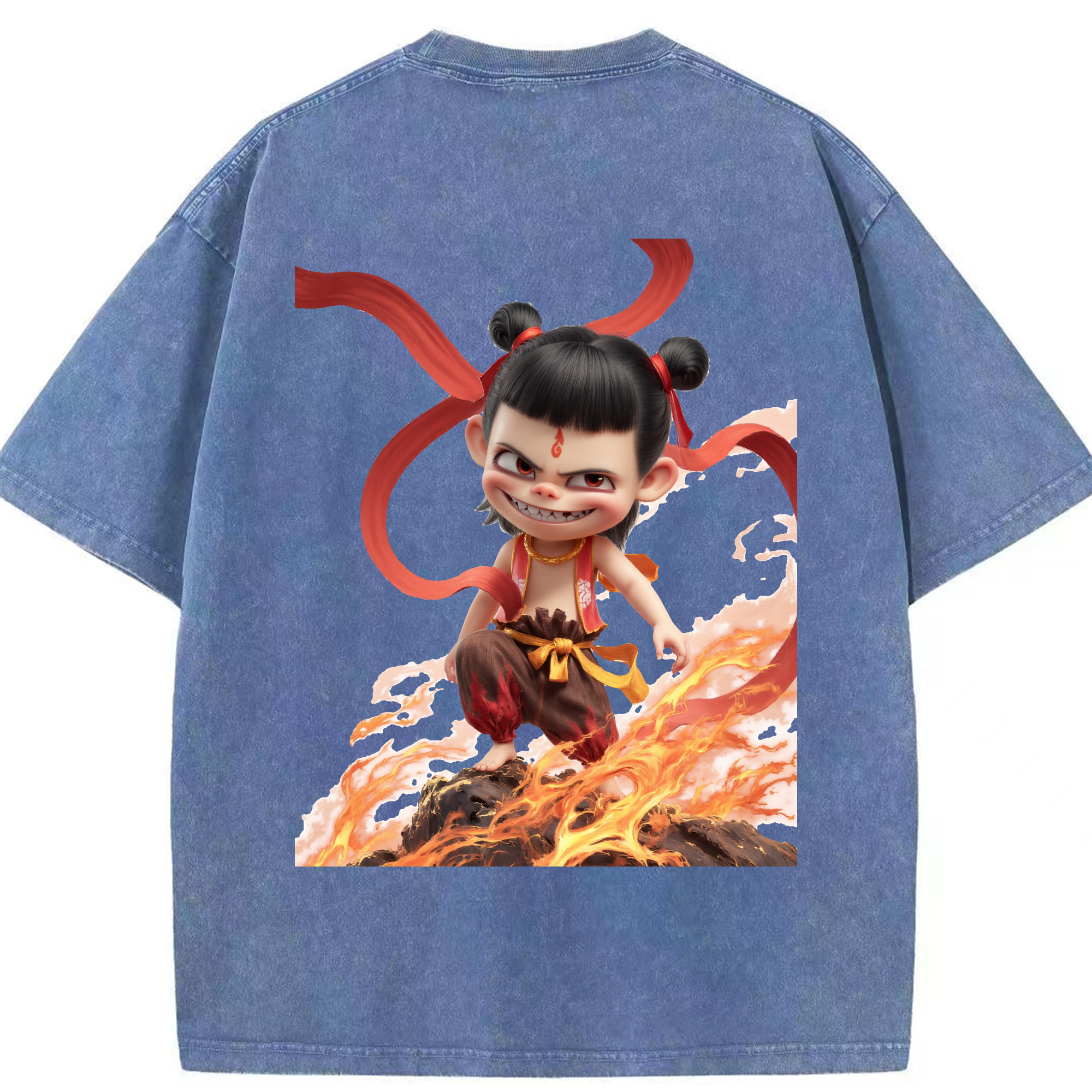 （画像用） Ne Zha 2 ナタ 魔童の大暴れ 綿100% ヴィンテージ風 半袖Tシャツ（背面プリント）
