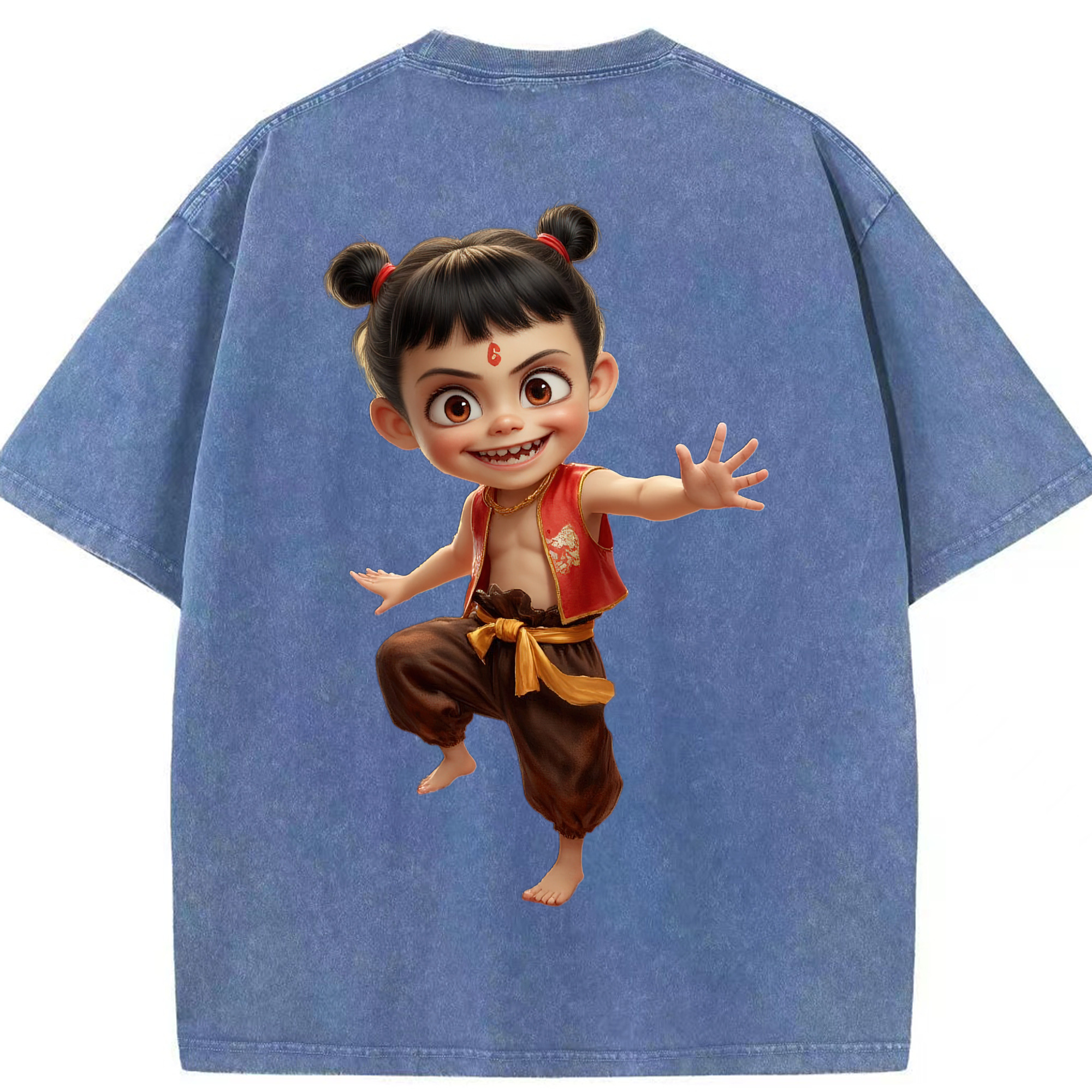 （画像用） Ne Zha 2 ナタ 魔童の大暴れ 綿100% ヴィンテージ風 半袖Tシャツ（背面プリント）