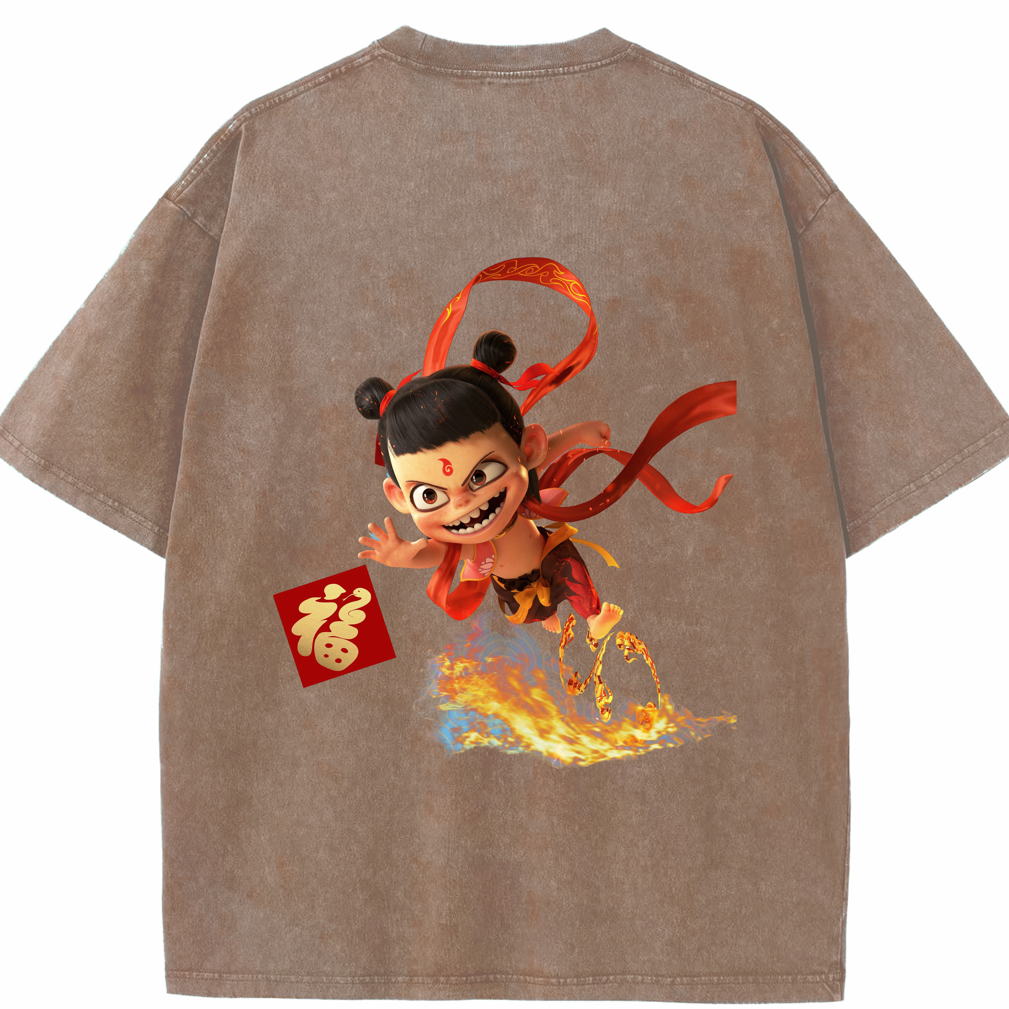 （画像用） Ne Zha 2 ナタ 魔童の大暴れ 綿100% ヴィンテージ風 半袖Tシャツ（背面プリント）