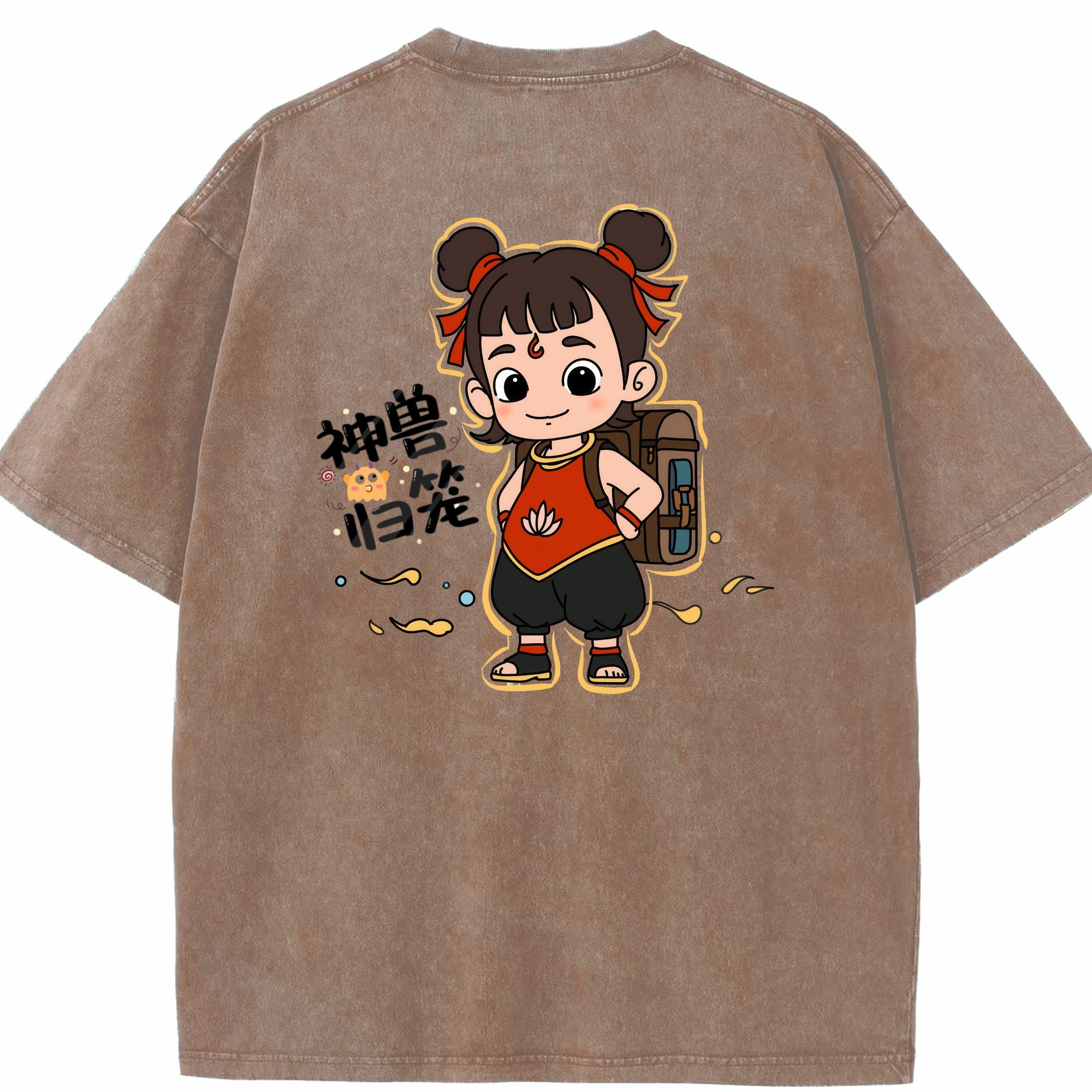 （画像用） Ne Zha 2 ナタ 魔童の大暴れ 綿100% ヴィンテージ風 半袖Tシャツ（背面プリント）