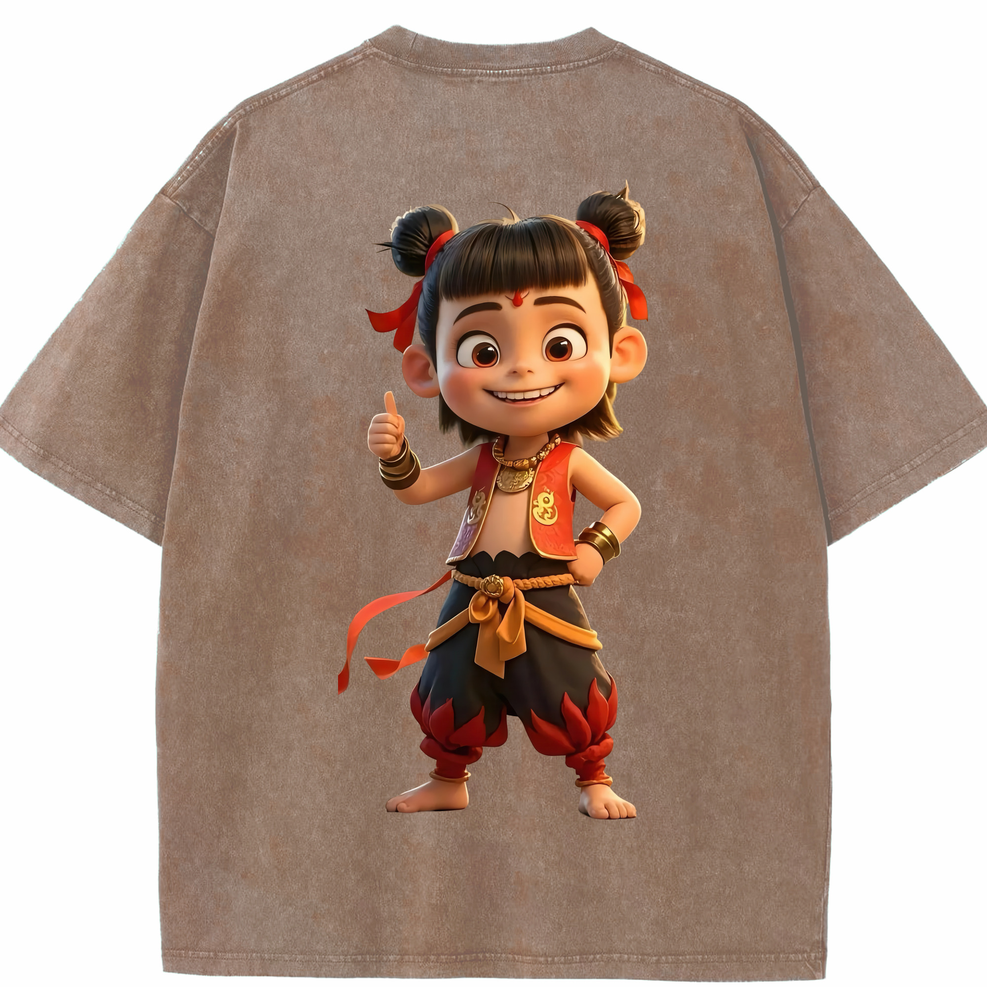 （画像用） Ne Zha 2 ナタ 魔童の大暴れ 綿100% ヴィンテージ風 半袖Tシャツ（背面プリント）