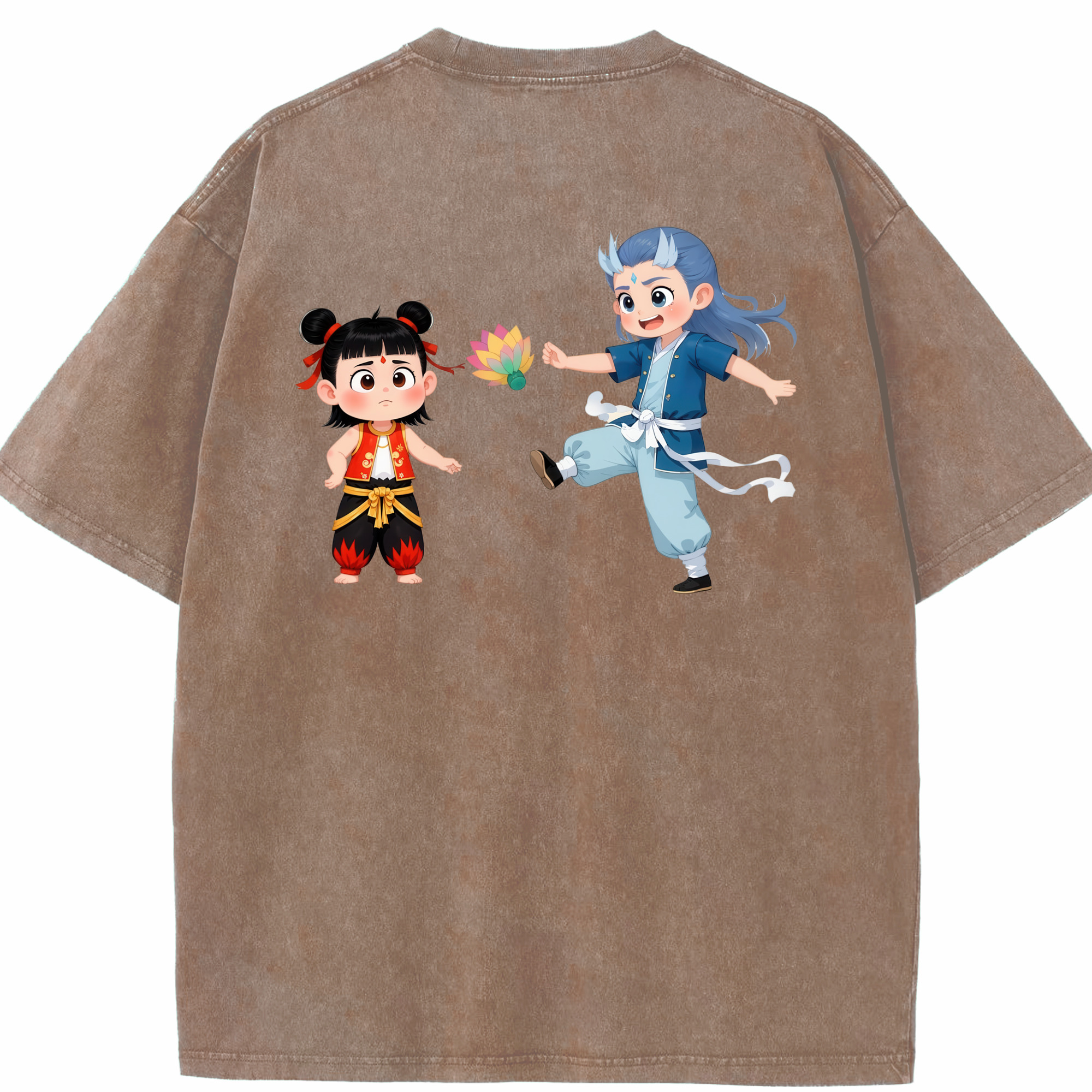 （画像用） Ne Zha 2 ナタ 魔童の大暴れ 綿100% ヴィンテージ風 半袖Tシャツ（背面プリント）